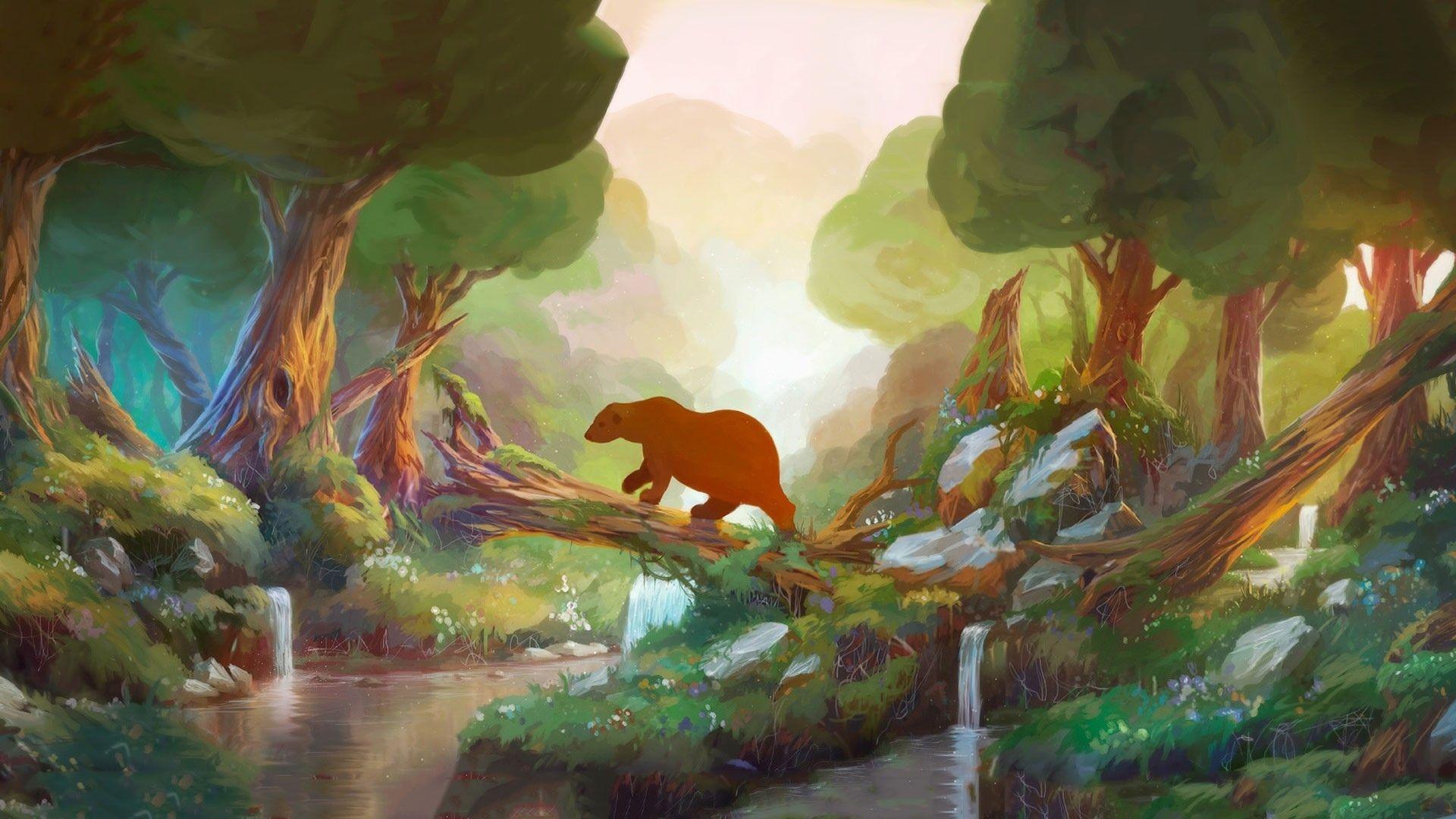1920x1080 anime, Cartoon, Fantasy, Children, Kids, Art, Paintings, Animals, Bears, Nature, Trees, Forest, Rivers, Stream, Waterfall, Sunlight, Soft Wallpaper HD / Desktop and Mobile Background