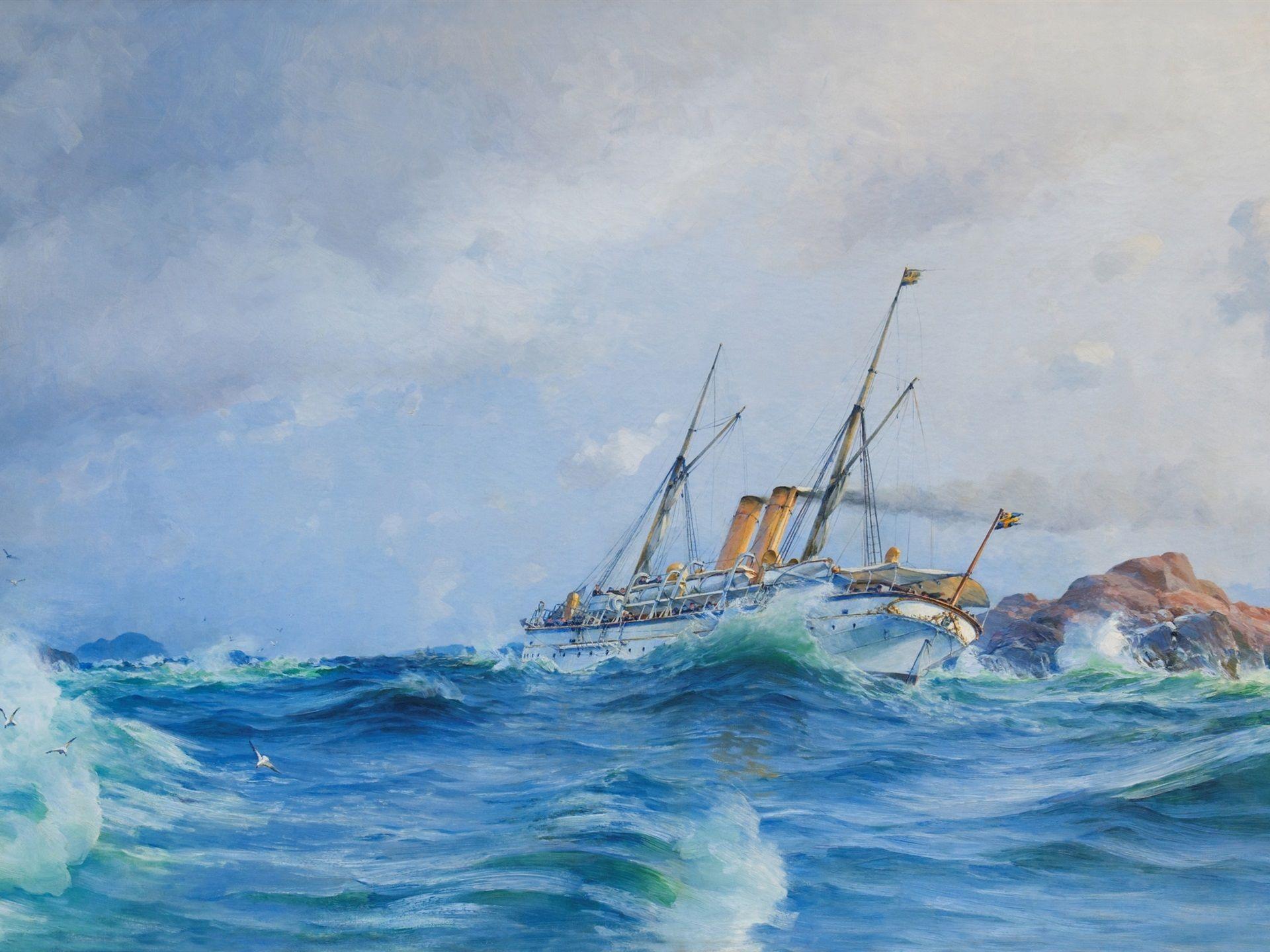 1920x1440 Wallpaper Watercolor painting, sea waves, battleship, ocean 2560x1600 HD Picture, Image