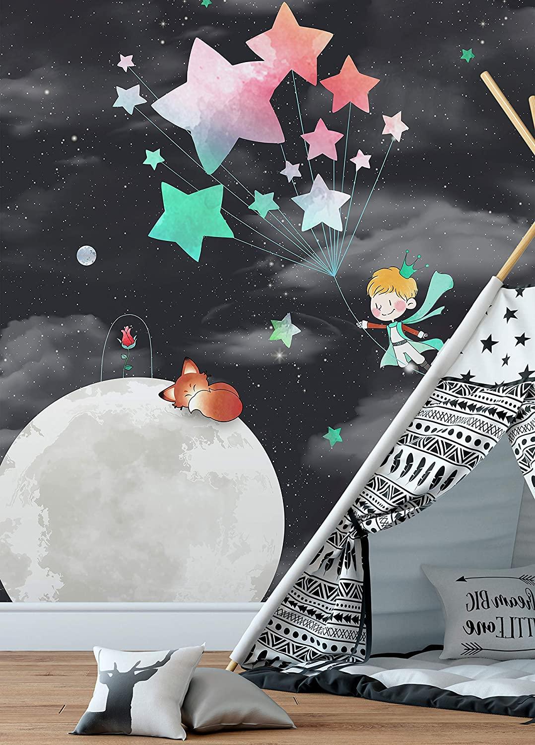 1078x1500 Murwall Kids Wallpaper Little Prince and Rose Wallpaper Prince and Fox Wall Print Watercolor Star Wall Art for Nursery Girls Boys Bedroom: Handmade