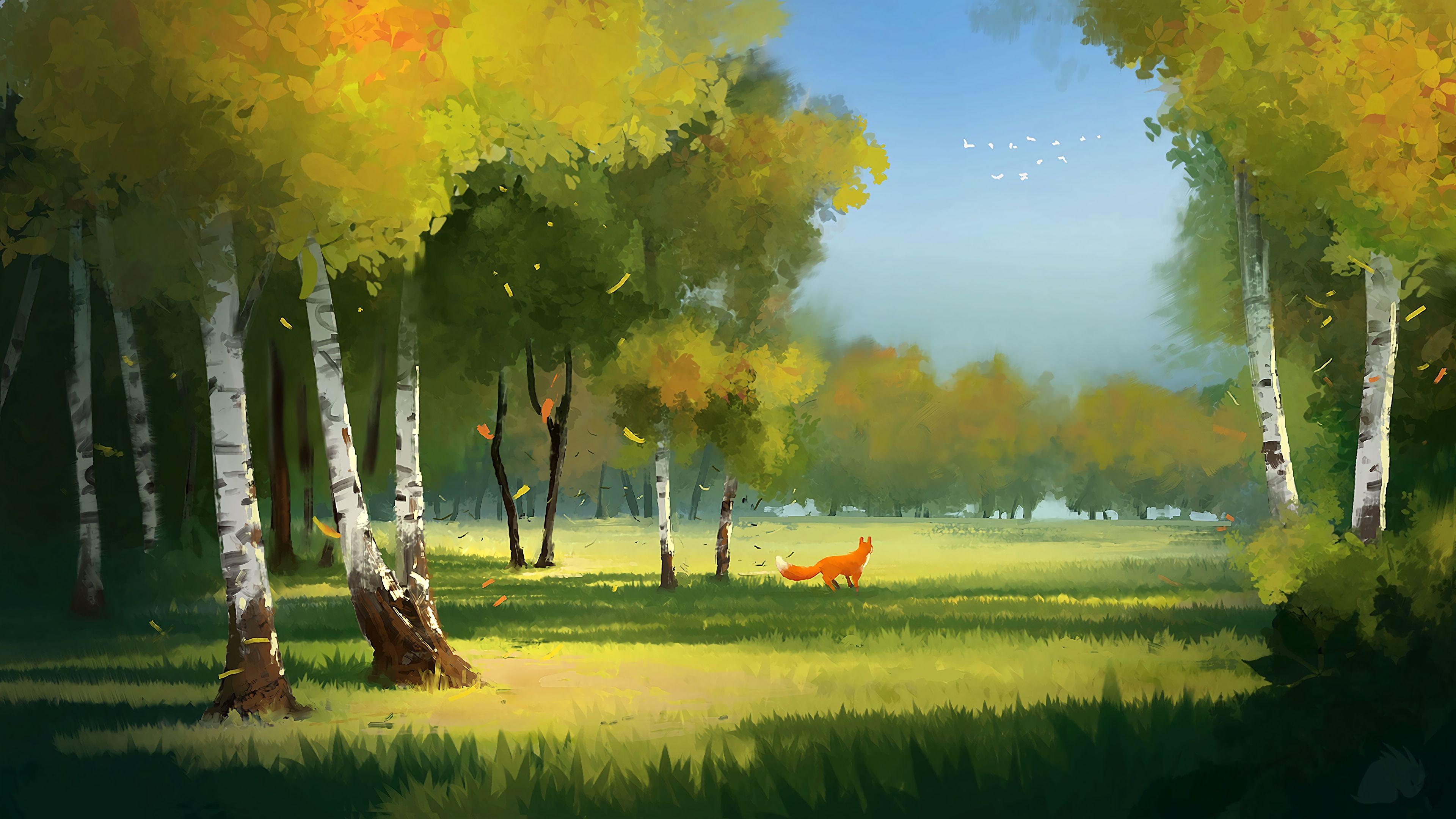 3840x2160 Wallpaper 4k forest, fox, art, glade, trees 4k art, Forest, fox