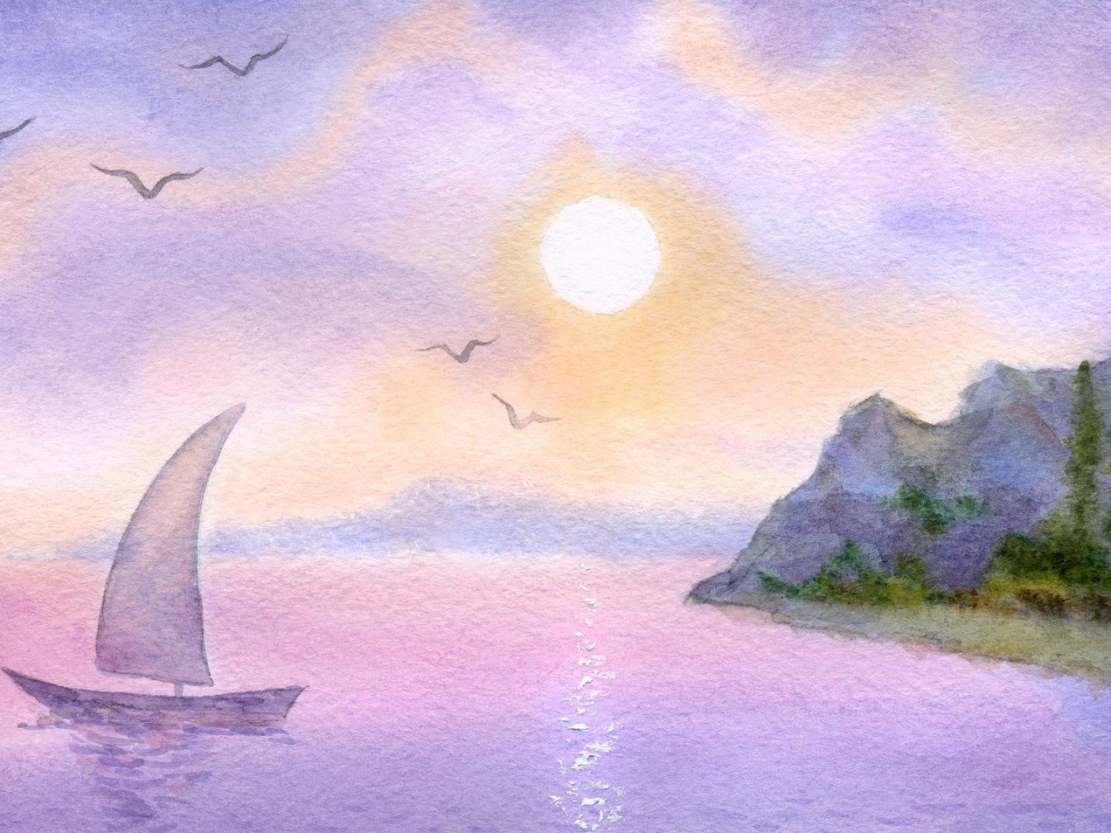 1600x1200 Watercolor Sail wallpaper, island, sail boat, lavender, pink, sunset, trees • Wallpaper For You HD Wallpaper For Desktop & Mobile