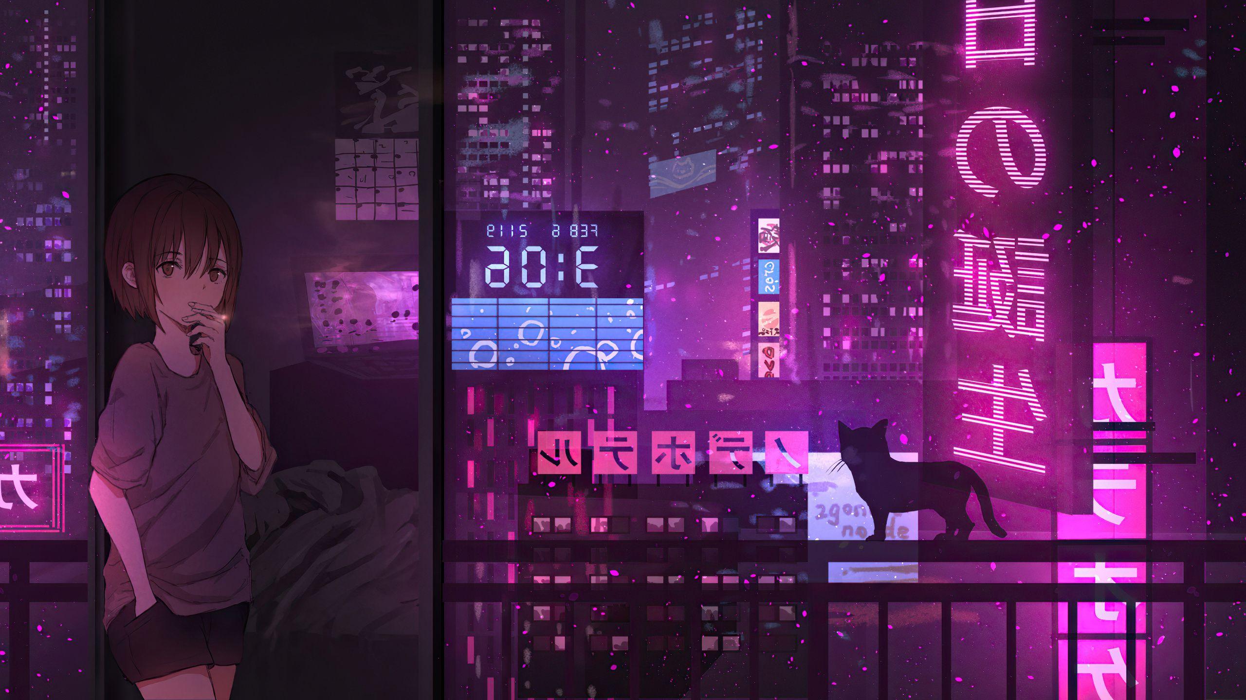 2560x1440 Anime Girl City Night Neon Cyberpunk 4k 1440P Resolution HD 4k Wallpaper, Image, Background, Photo and Picture