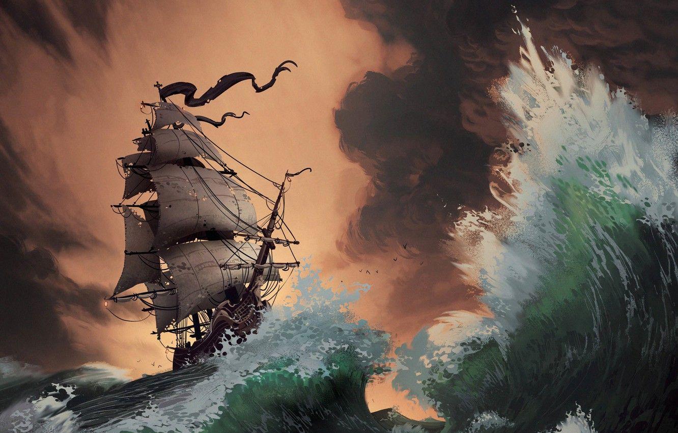 1332x850 Wallpaper Sea, Wave, Storm, Ship, Storm, Sailboat, Pirates, Sails, Pirates, Storm, Sunset, Illustration, Concept Art, Vessel, Environments, Token image for desktop, section живопись