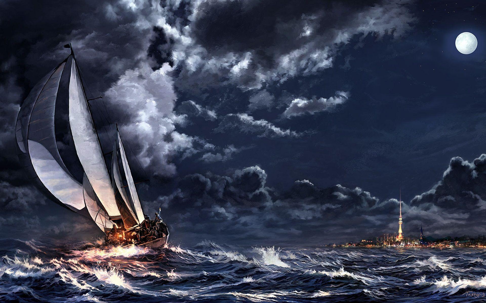 1920x1200 Wallpaper Night sea, storm, sailboat, moon, city, art drawing 1920x1200 HD Picture, Image