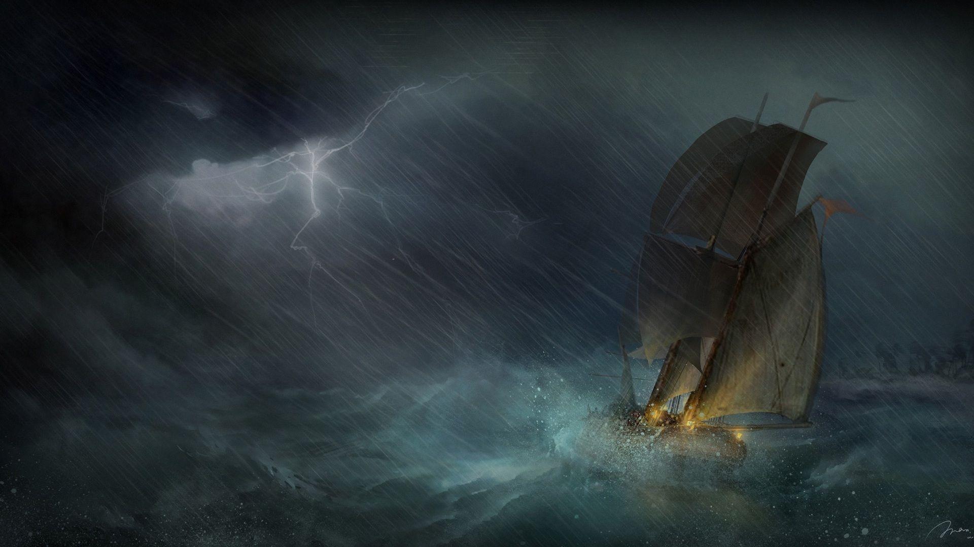 1920x1080 lightning, sailboat, ship, storm, sea, art desktop wallpaper 25199