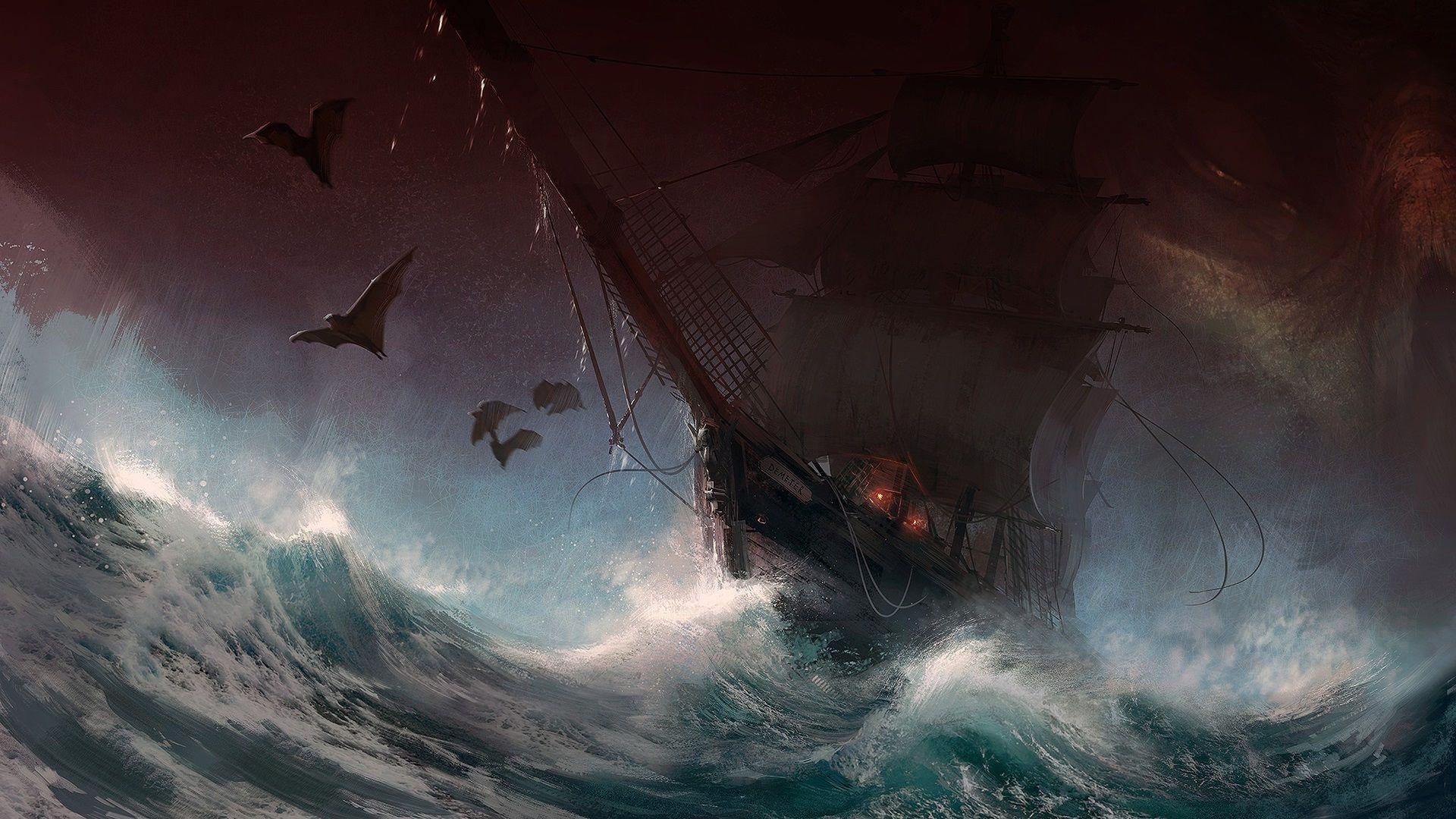 1920x1080 Wallpaper Sailboat, storm, sea, waves, bat, art picture 1920x1080 Full HD 2K Picture, Image