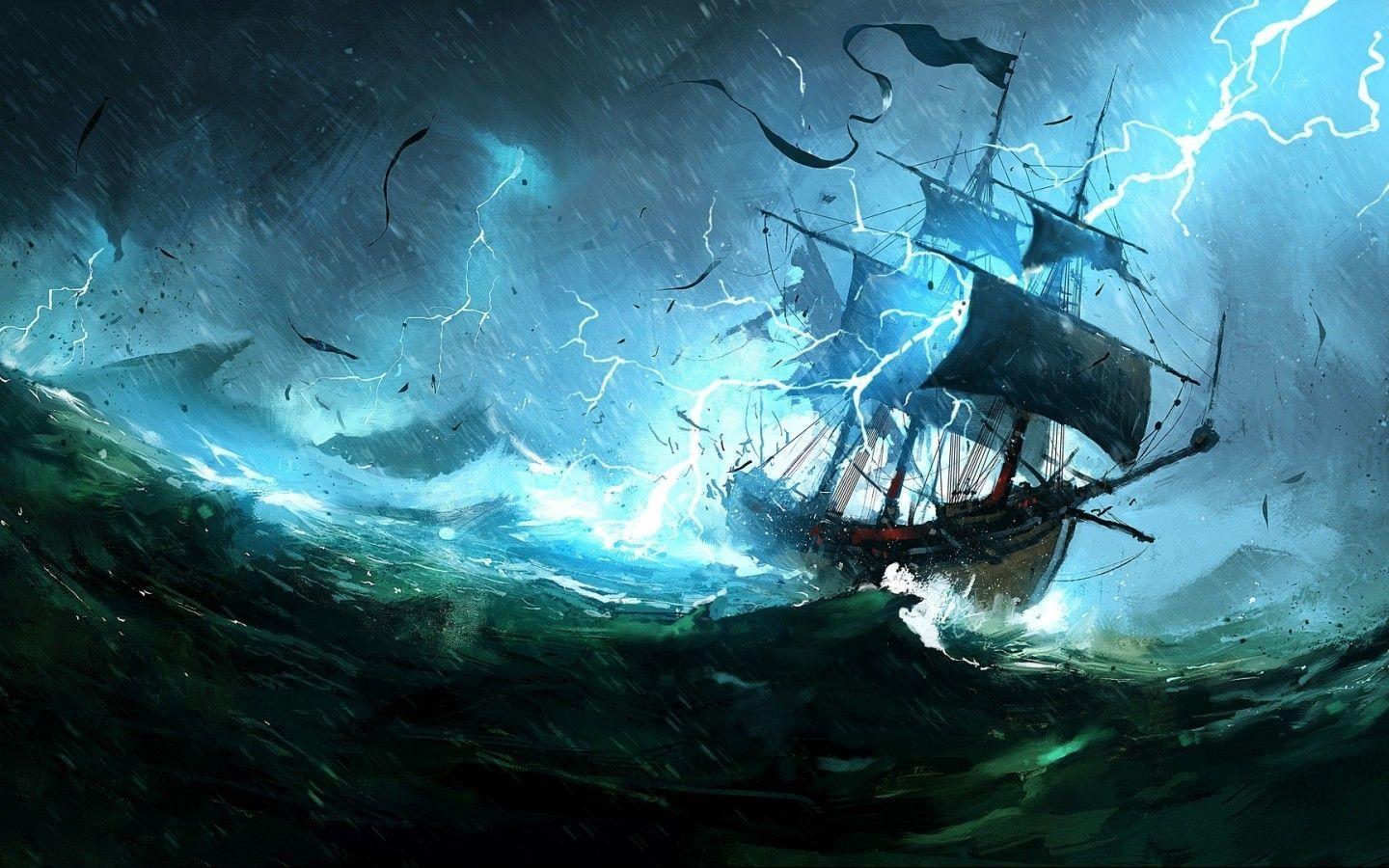 1440x900 Download 1440x900 Sailing Ship, Storm, Lightning, Waves, Ocean Wallpaper for MacBook Pro 15 inch, MacBook Air 13 inch