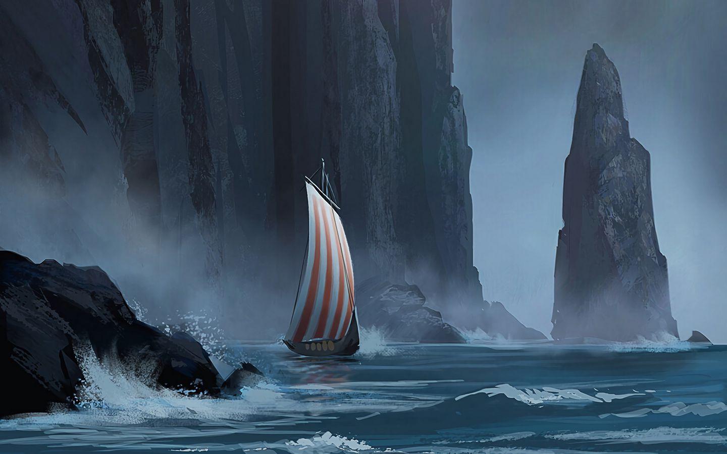 1440x900 Download wallpaper 1440x900 sailboat, rock, storm, cliff, art widescreen 16:10 HD background