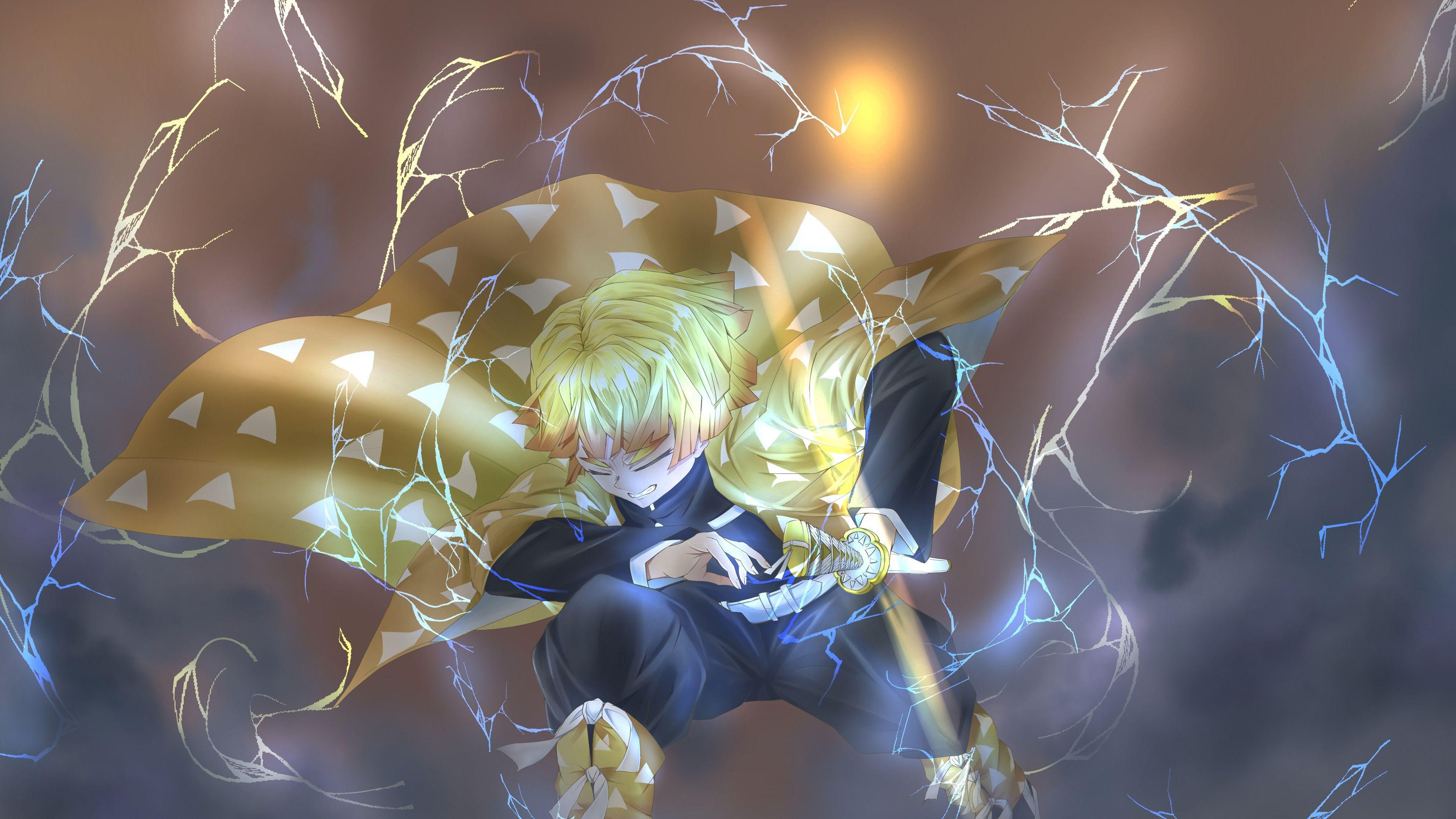 3840x2160 Demon Slayer Zenitsu Agatsuma Having Sword With Background Of Yellow Light And Lightning 4K HD Anime Wallpaper