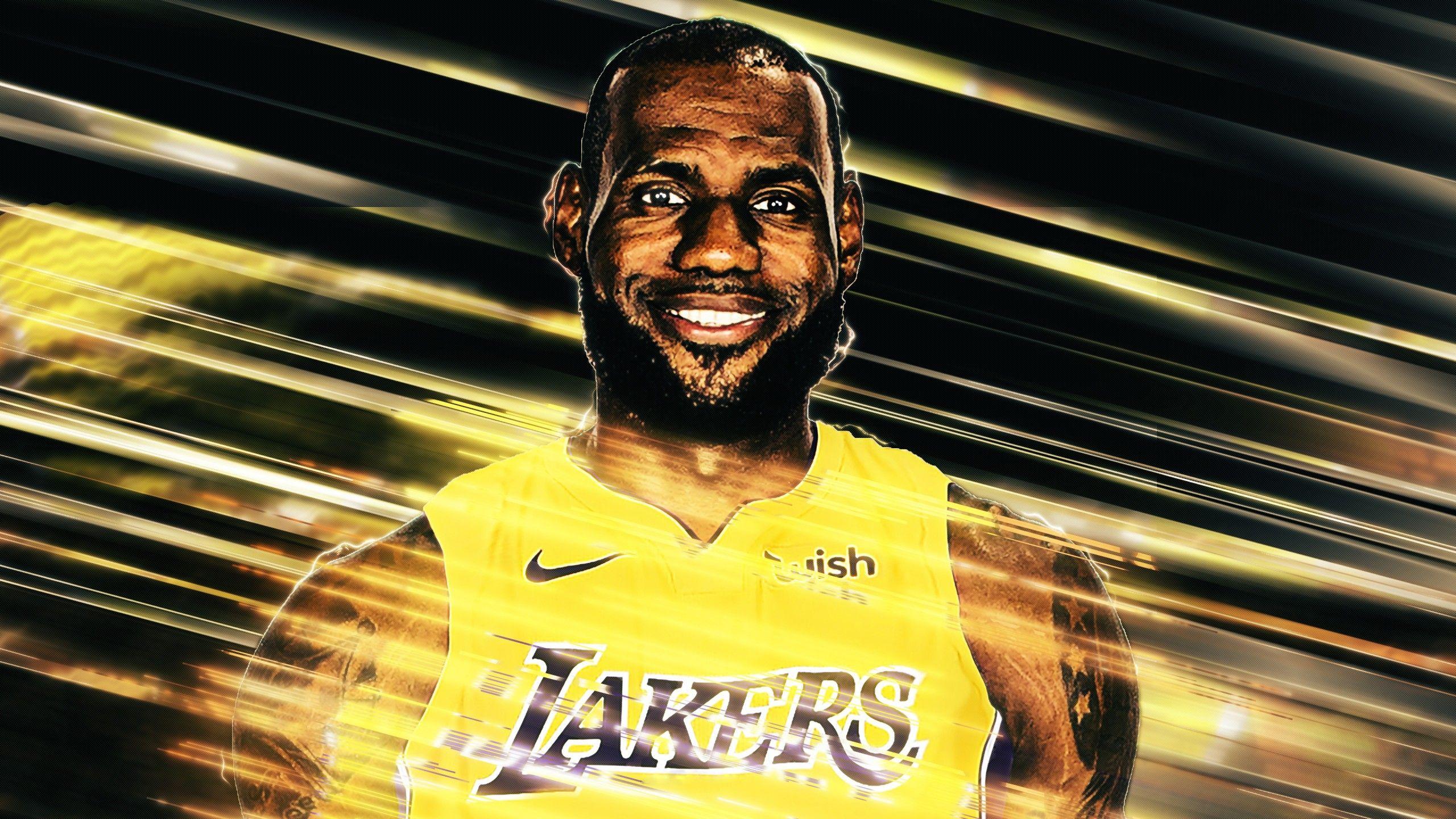 2560x1440 Smiley LeBron James Is Wearing Yellow Sports Dress In Lightning Background 4K HD Sports Wallpaper