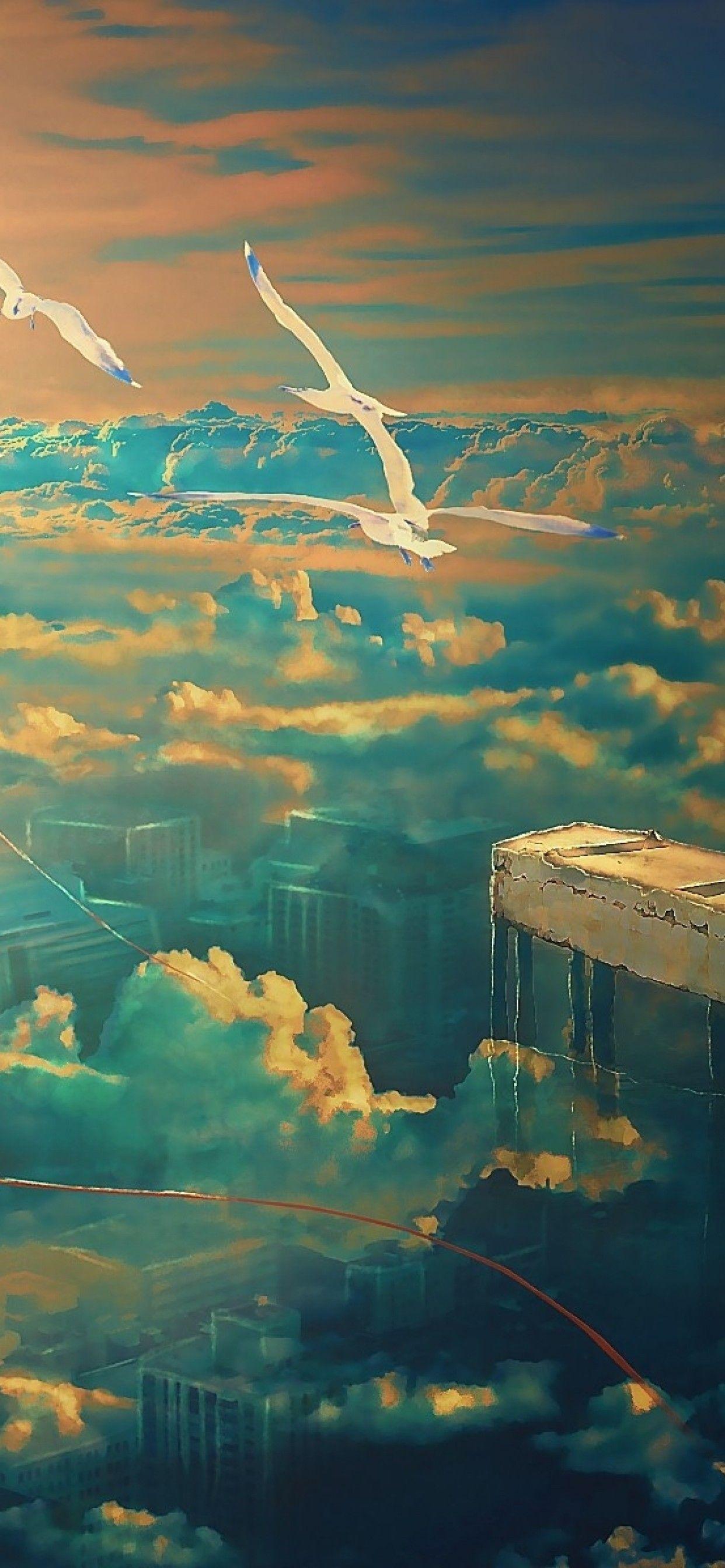 1242x2688 Download 1242x2688 Angel, Cliff, Clouds, Birds, Wings, Fantasy Girl, Kite Wallpaper for iPhone 11 Pro Max & XS Max