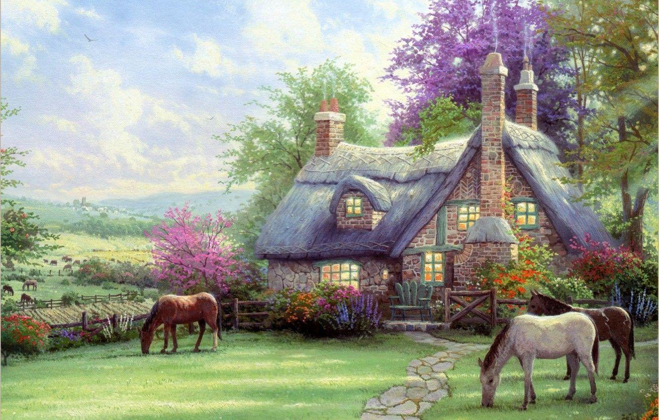 1332x850 Wallpaper nature, house, horses, house, painting, Thomas Kinkade, painting, horse, Thomas Kinkade, A Perfect Summer Day image for desktop, section живопись
