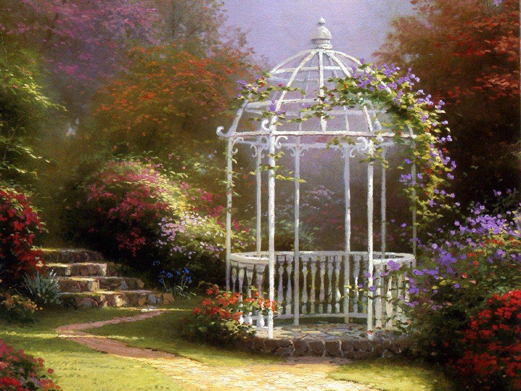 1024x768 Charming Cottages & Gardens Kinkade Art Painting Wallpaper 1024x768 NO.17 Desktop Wallpaper