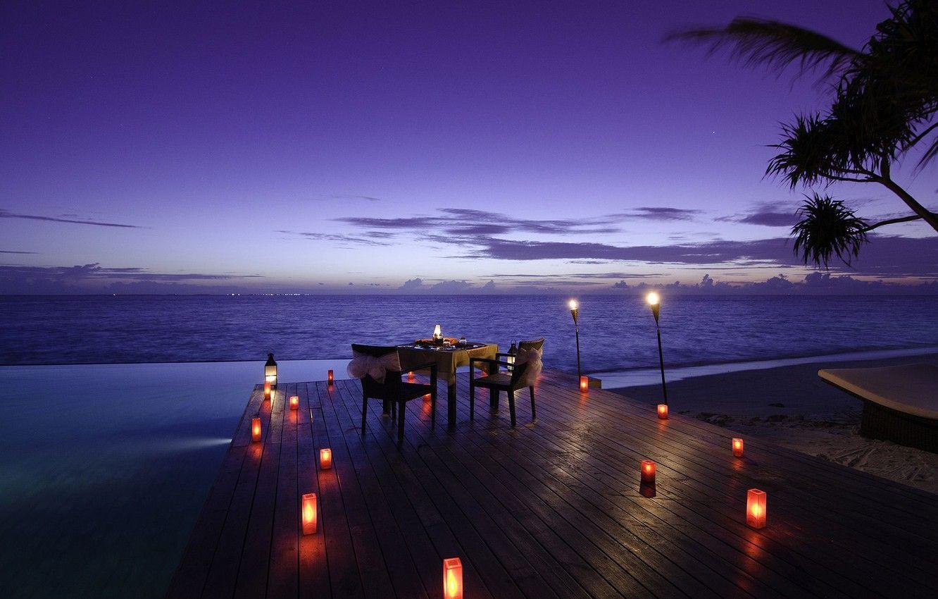 1332x850 Wallpaper the ocean, shore, the evening, candles, pool, resort, table, Maldives, dinner, Jumeirah Dhevanafushi, Romance at sunset image for desktop, section настроения