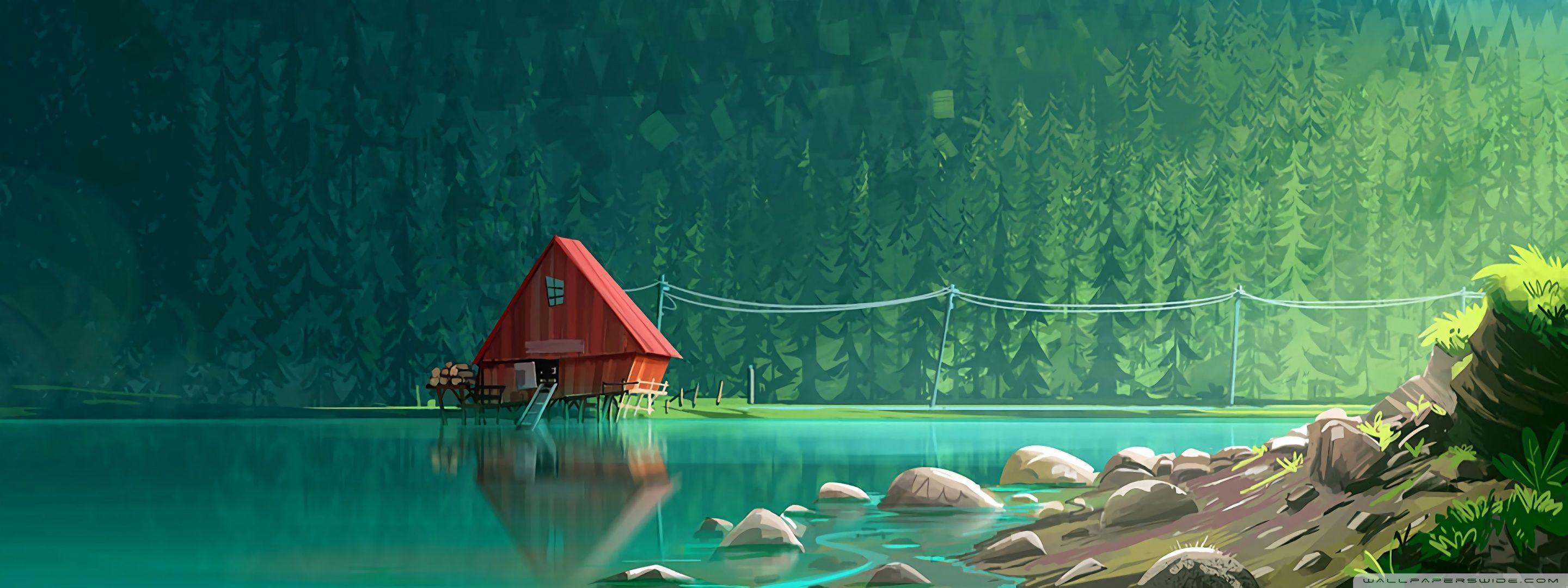 2880x1080 House by the Lake drawing Ultra HD Desktop Background Wallpaper for : Widescreen & UltraWide Desktop & Laptop : Multi Display, Dual & Triple Monitor : Tablet