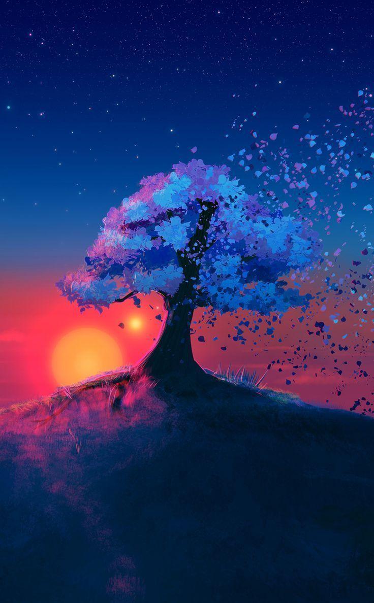 736x1188 Dark, tree, sunset, landscape, art, 950x1534 wallpaper - #. Sunset landscape art, Sunset landscape, Tree wallpaper