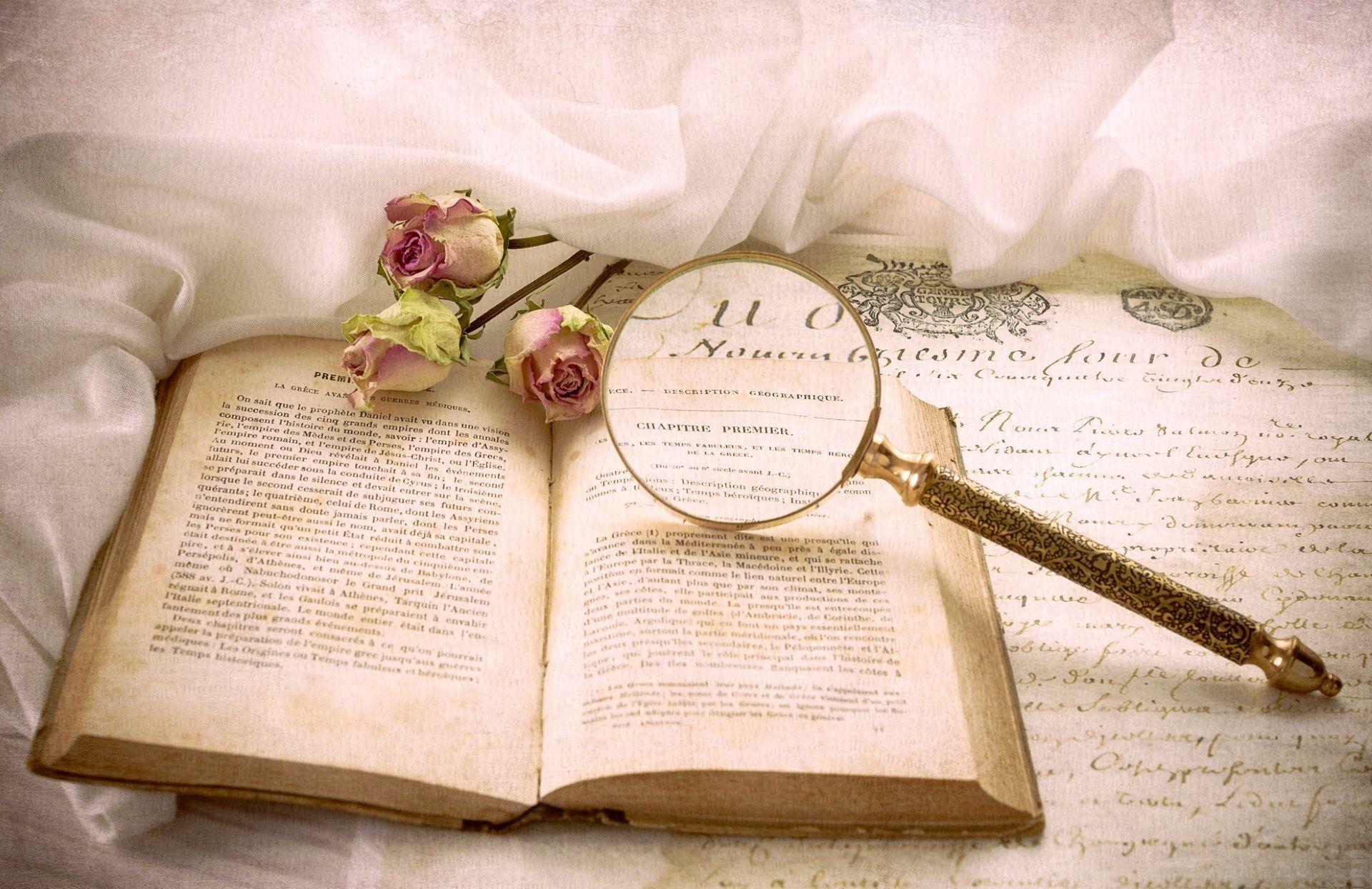 1920x1245 vintage book roses magnifier a letter HD wallpaper