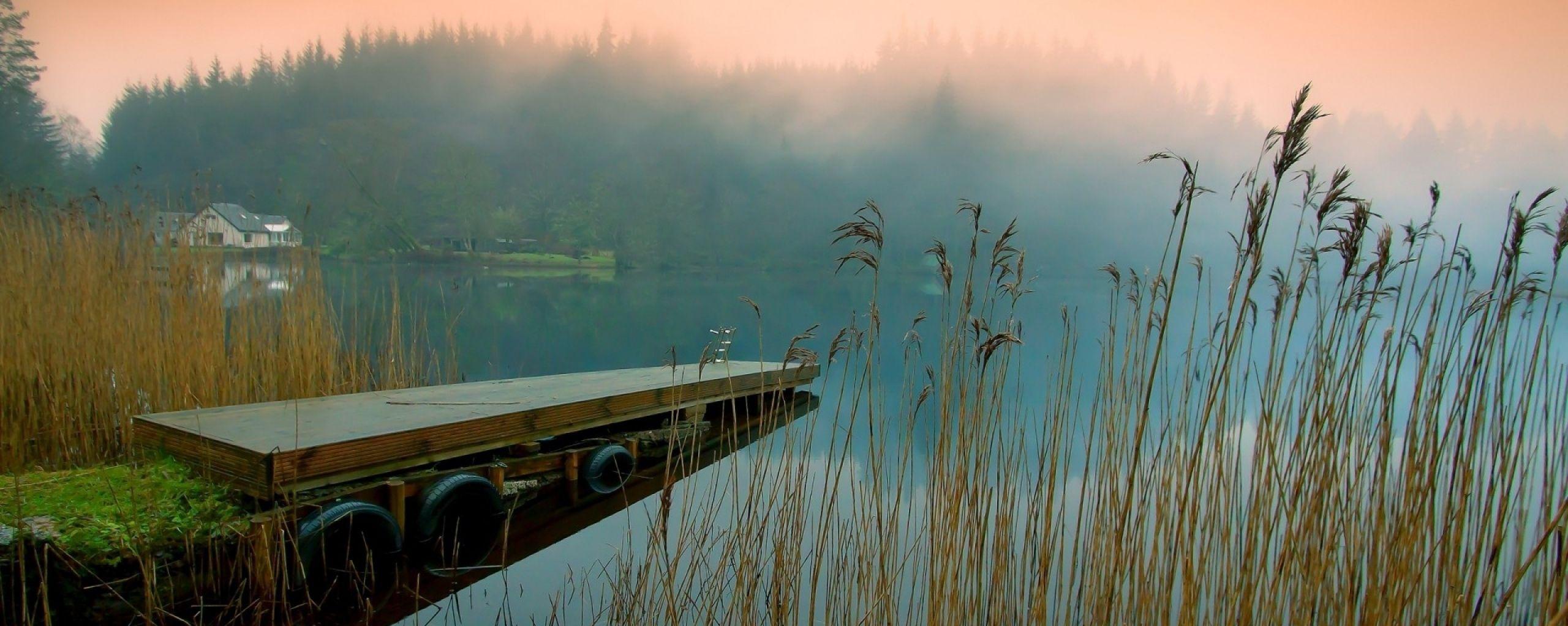 2560x1024 Download Wallpaper 2560x1024 Pier, Fog, Grass, Lake Dual Monitor Resolution HD Background. Beautiful nature, Summer picture, Background