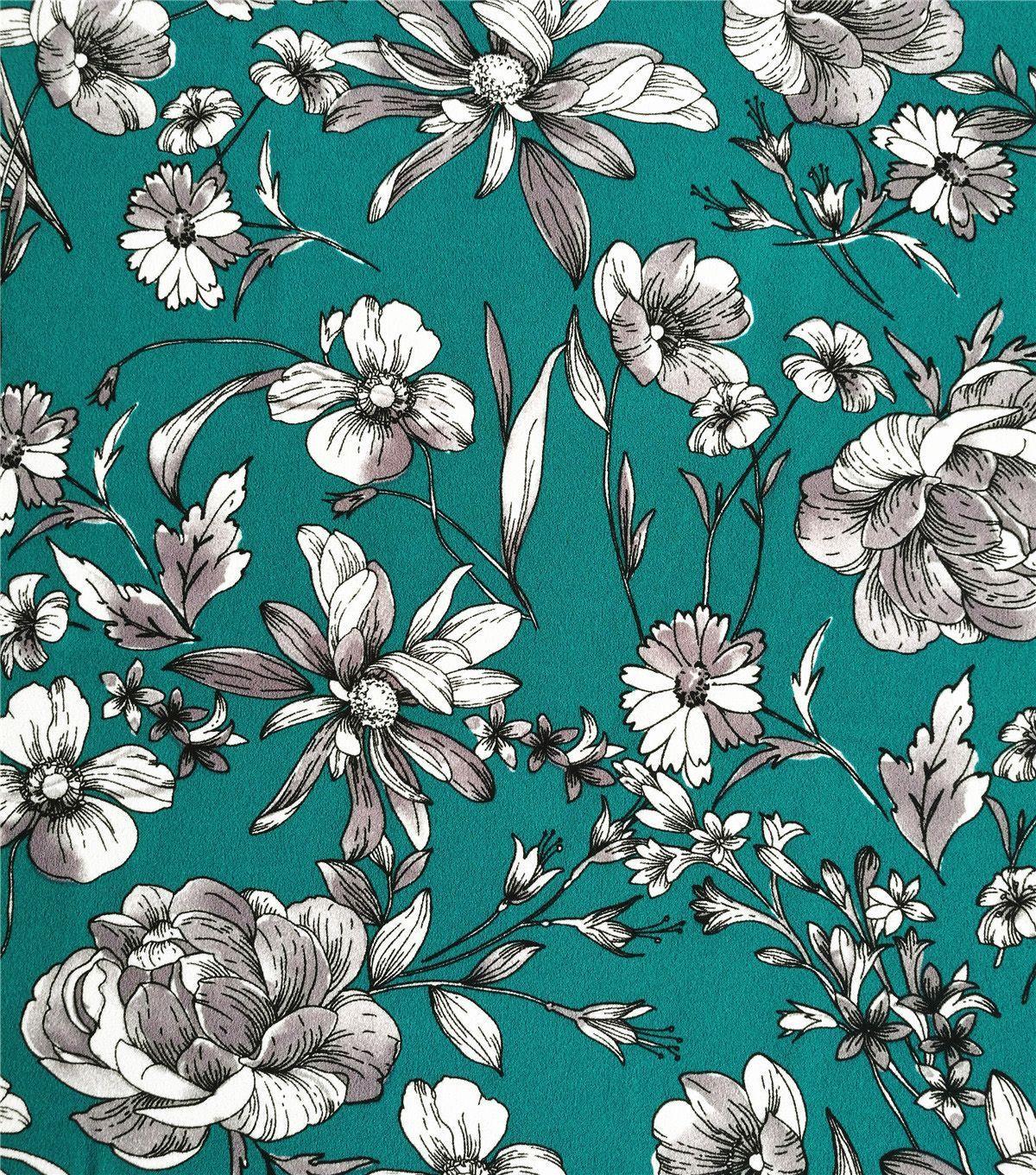 1200x1360 Stretch Crepe Knit Fabric 58\u0022 Teal & White Shaded Floral,. Vintage Floral Fabric, Floral Print Fabric, Printing On Fabric