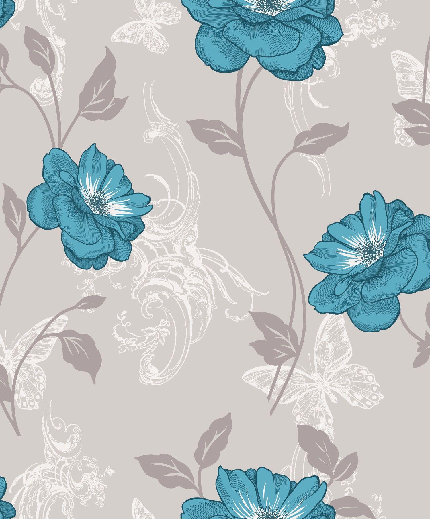 1500x1811 Teal and White Floral Wallpaper .