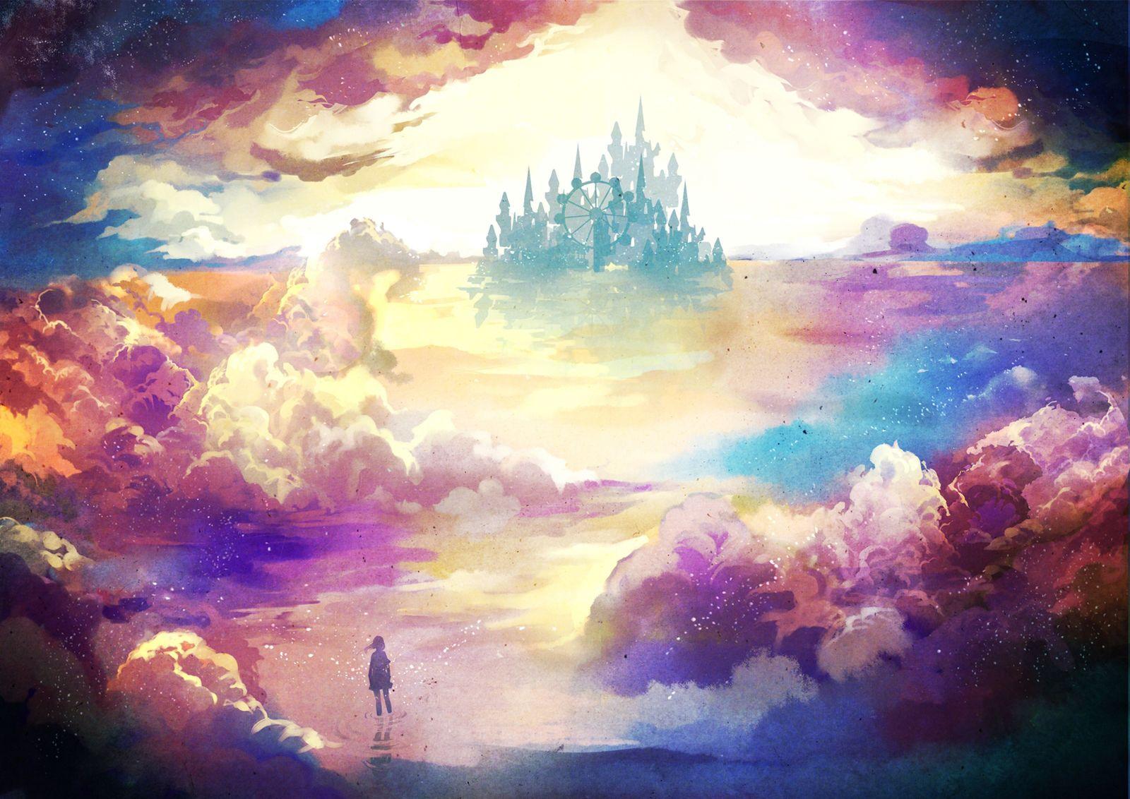 1600x1132 Scenery Castle Clouds Water Anime Hd Background Wallpaper Image