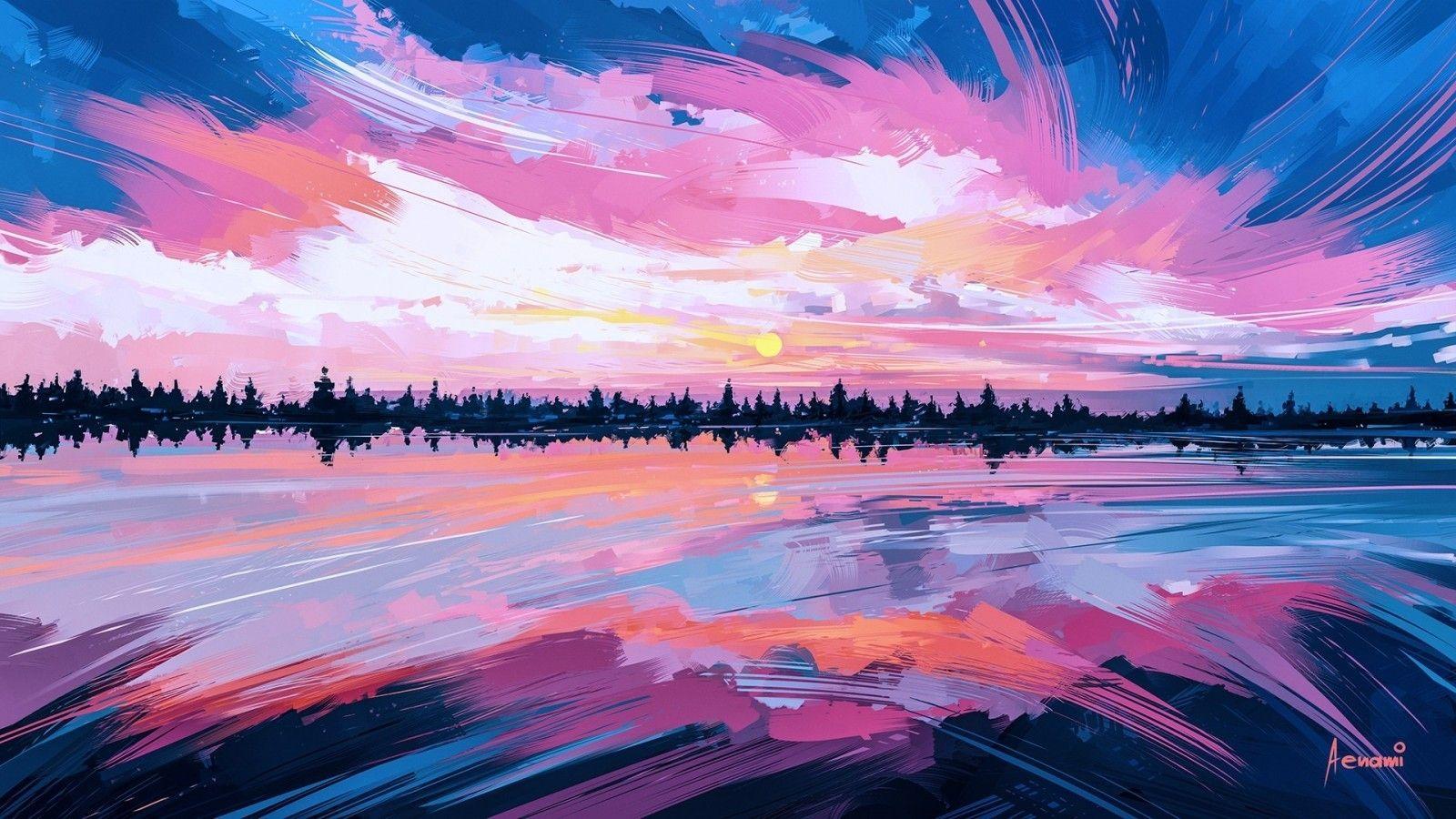 1600x900 Download 1600x900 Painting, Clouds, Sea, Forest Wallpaper