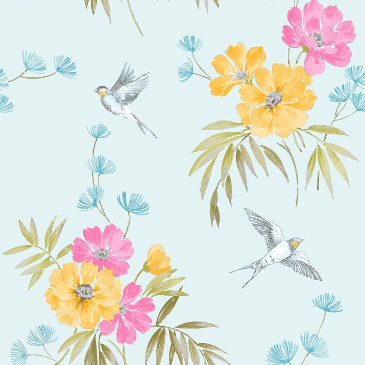1200x1200 Teal Floral Wallpaper And Bird Designs