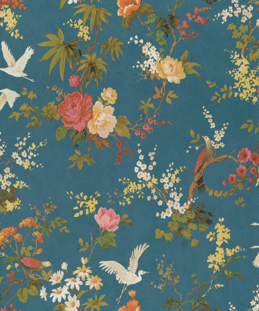 1000x1201 Dreamy Vintage Birds & Floral Wallpaper in Blue