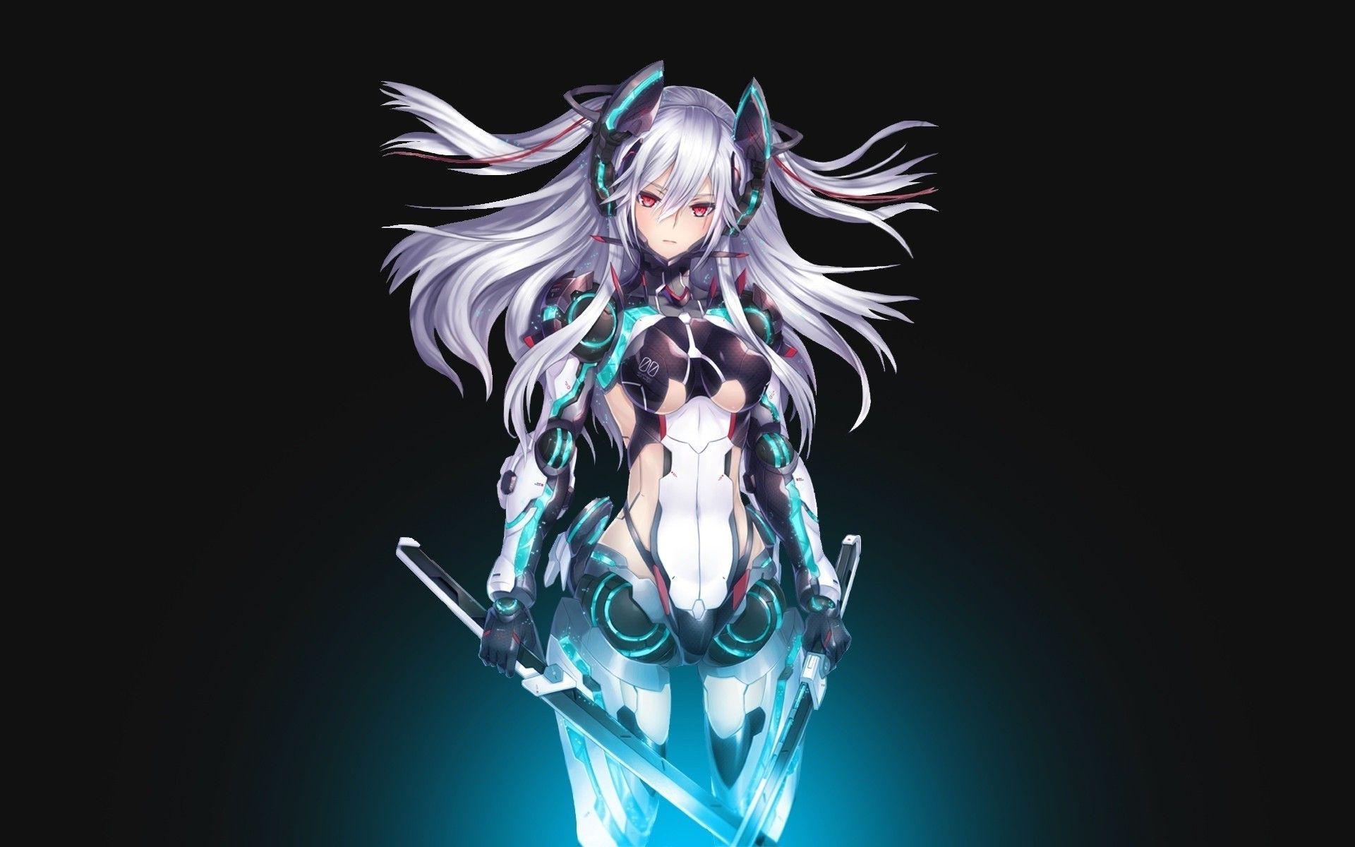 1920x1200 mecha Girls, Anime Girls, Silver Hair, Sword, Red Eyes Wallpaper HD / Desktop and Mobile Background