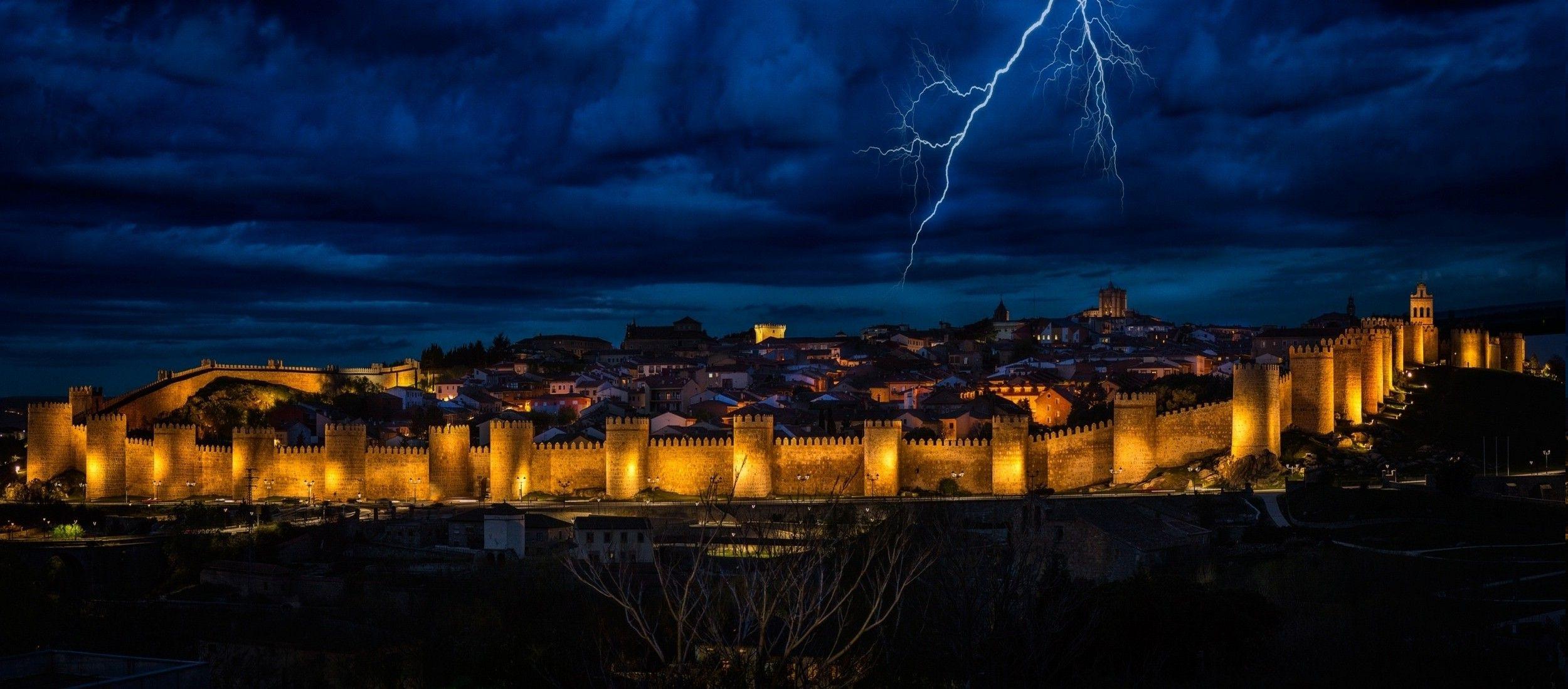 2500x1100 landscape, Lightning, Clouds, Nature, Spain, Lights, City, Evening, Sky, Gold, Blue Wallpaper HD / Desktop and Mobile Background