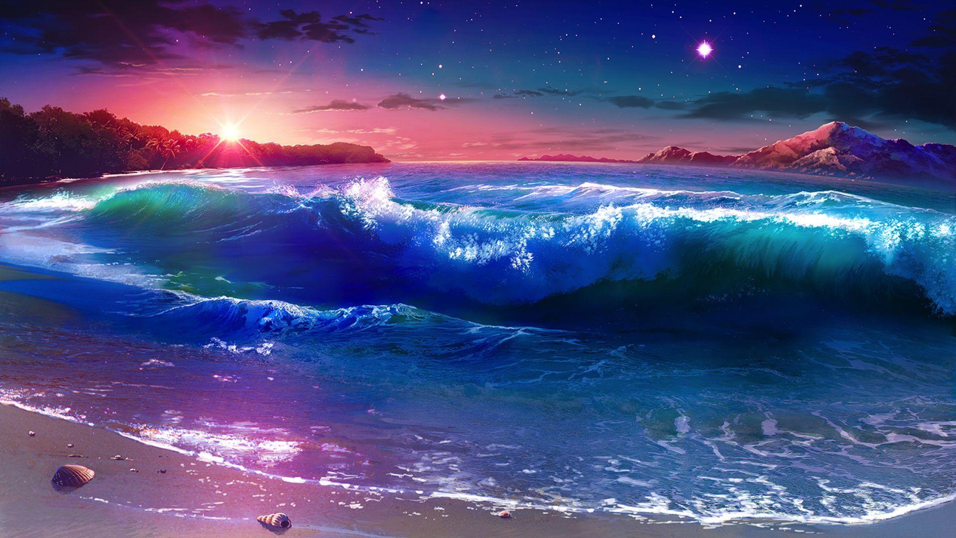 1920x1080 Desktop Wallpaper Beach, Sea Waves, Sunset, Anime, Original, HD Image, Picture, Background, Ef3750