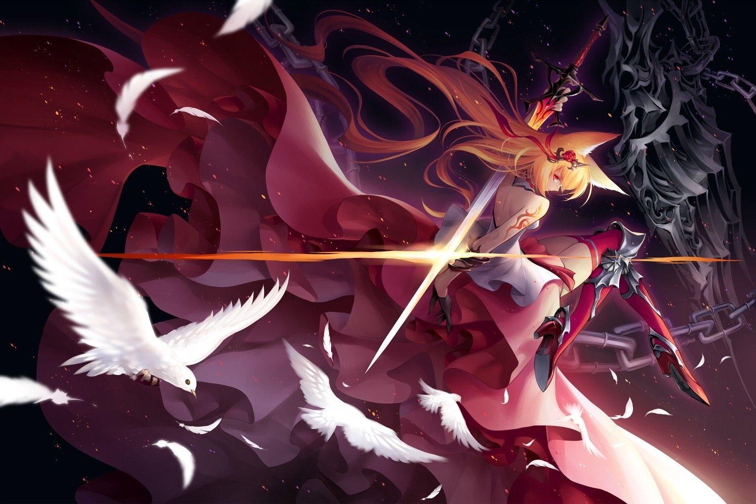 1500x1000 anime, Anime Girls, Sword, Birds, Original Characters, Kitsunemimi