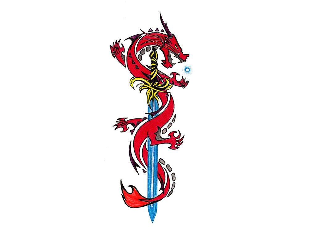 1024x768 Dragon Sword Color Art Tattoo Design Wallpaper Wallpaper