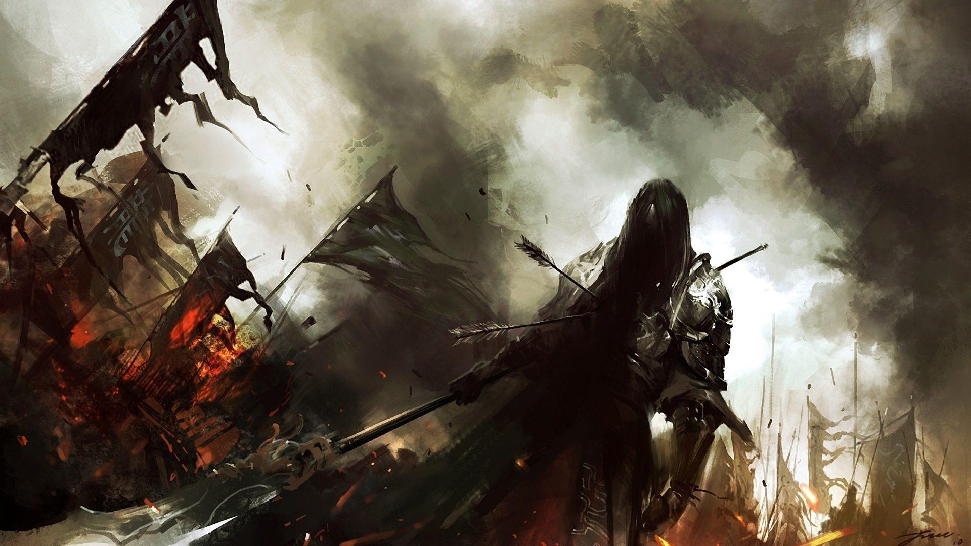 1920x1080 px army art battle Dark fantasy fire knight Lin warrior weapons Wenjun