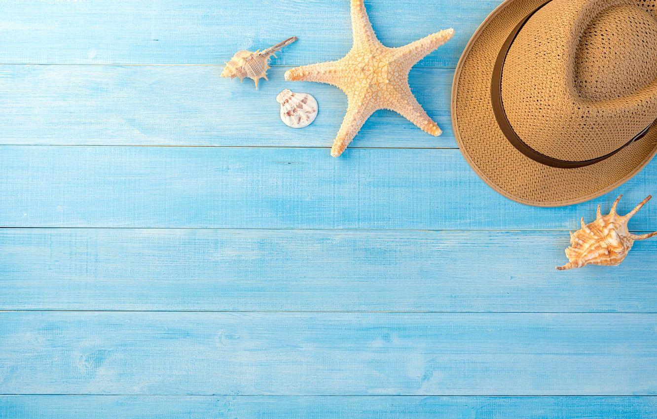 1332x850 Wallpaper summer, background, star, hat, shell, summer, beach, wood, blue, marine, starfish, composition, seashells image for desktop, section разное