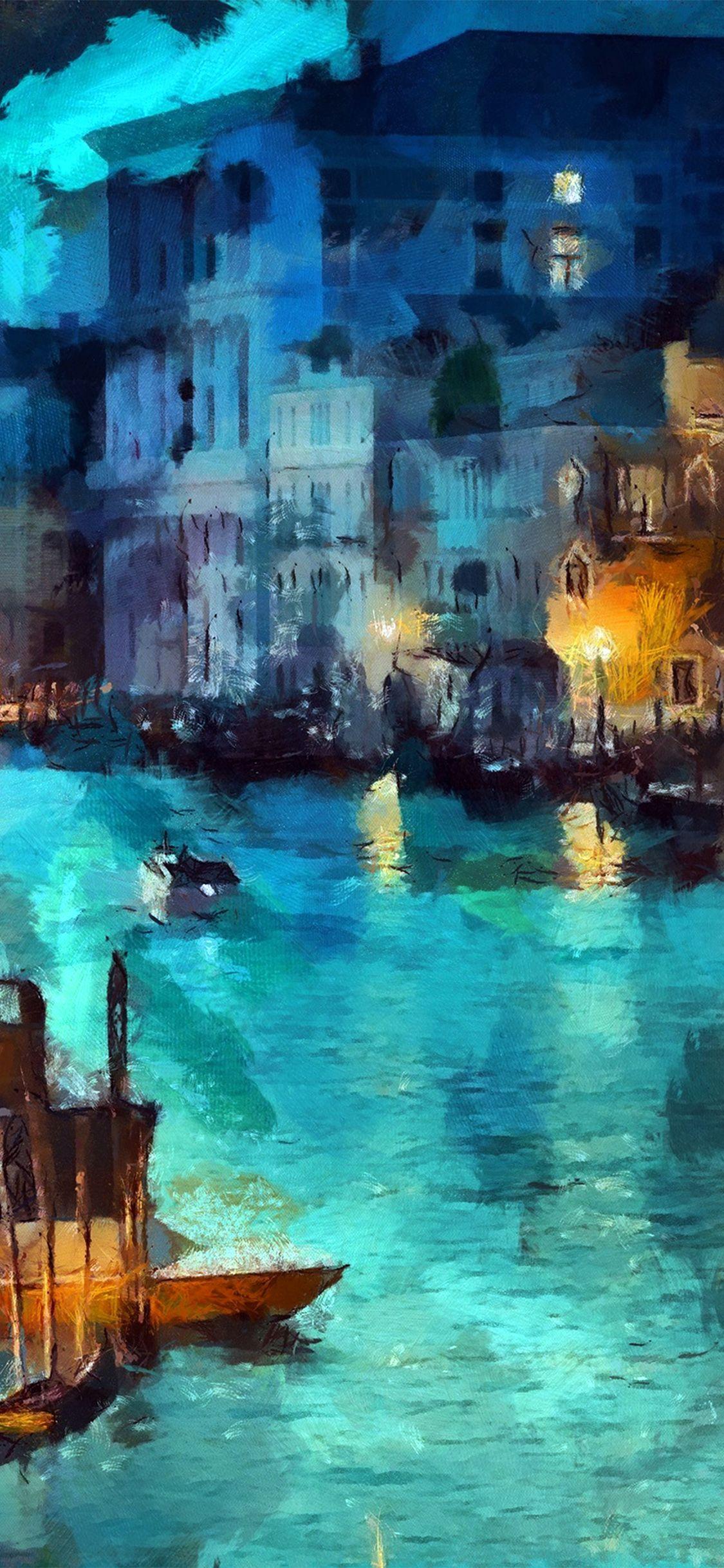 1125x2436 iPhone X wallpaper. art classic painting water lake night blue