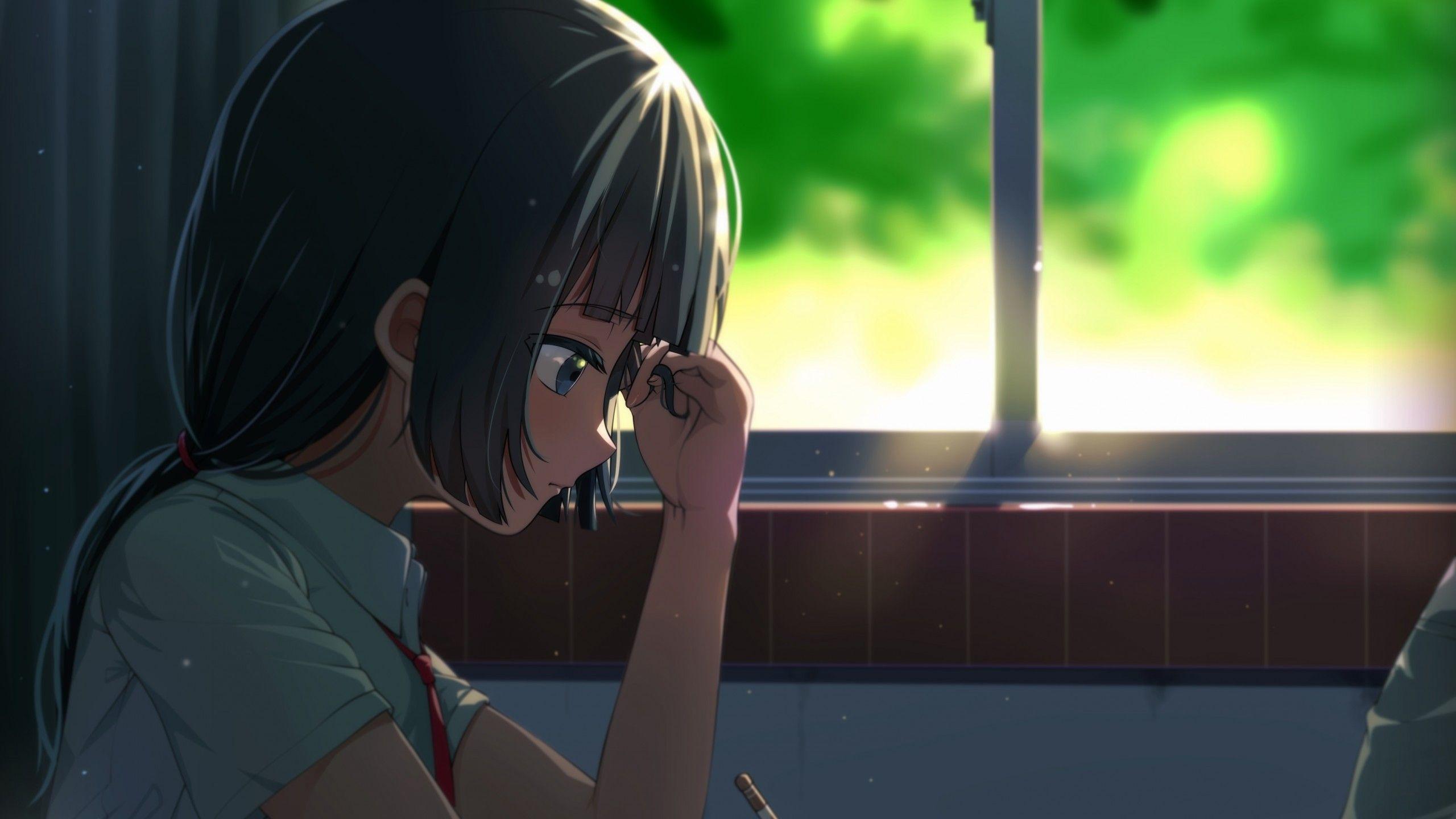 2560x1440 Download 2560x1440 Anime Girl, Studying, Classroom, Profile View, Ponytail, Windows Wallpaper for iMac 27 inch