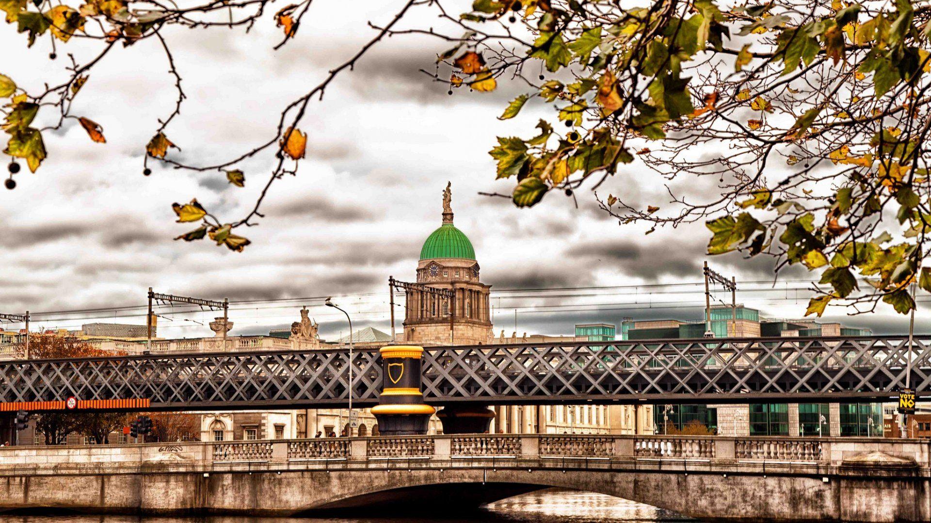 1920x1080 Autumn Trees Bridge Dublin Ireland HD wallpaper