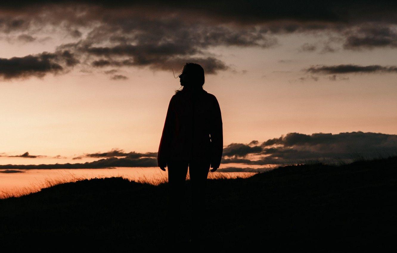1332x850 Wallpaper dark, girl, twilight, sky, sunset, clouds, evening, mood, hill, loneliness, dusk, lonely, silhouette, gray, moods, 4k uhd background image for desktop, section настроения