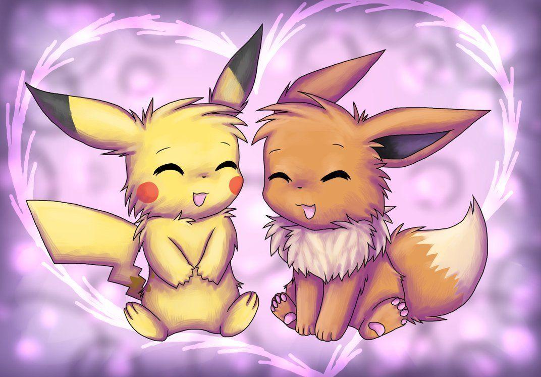 1072x746 Cute Pikachu and Eevee Wallpaper