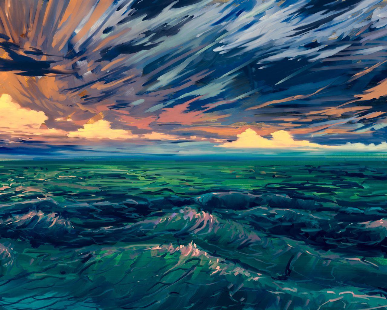 1280x1024 Download wallpaper 1280x1024 sea, waves, art, surf, horizon standard 5:4 HD background