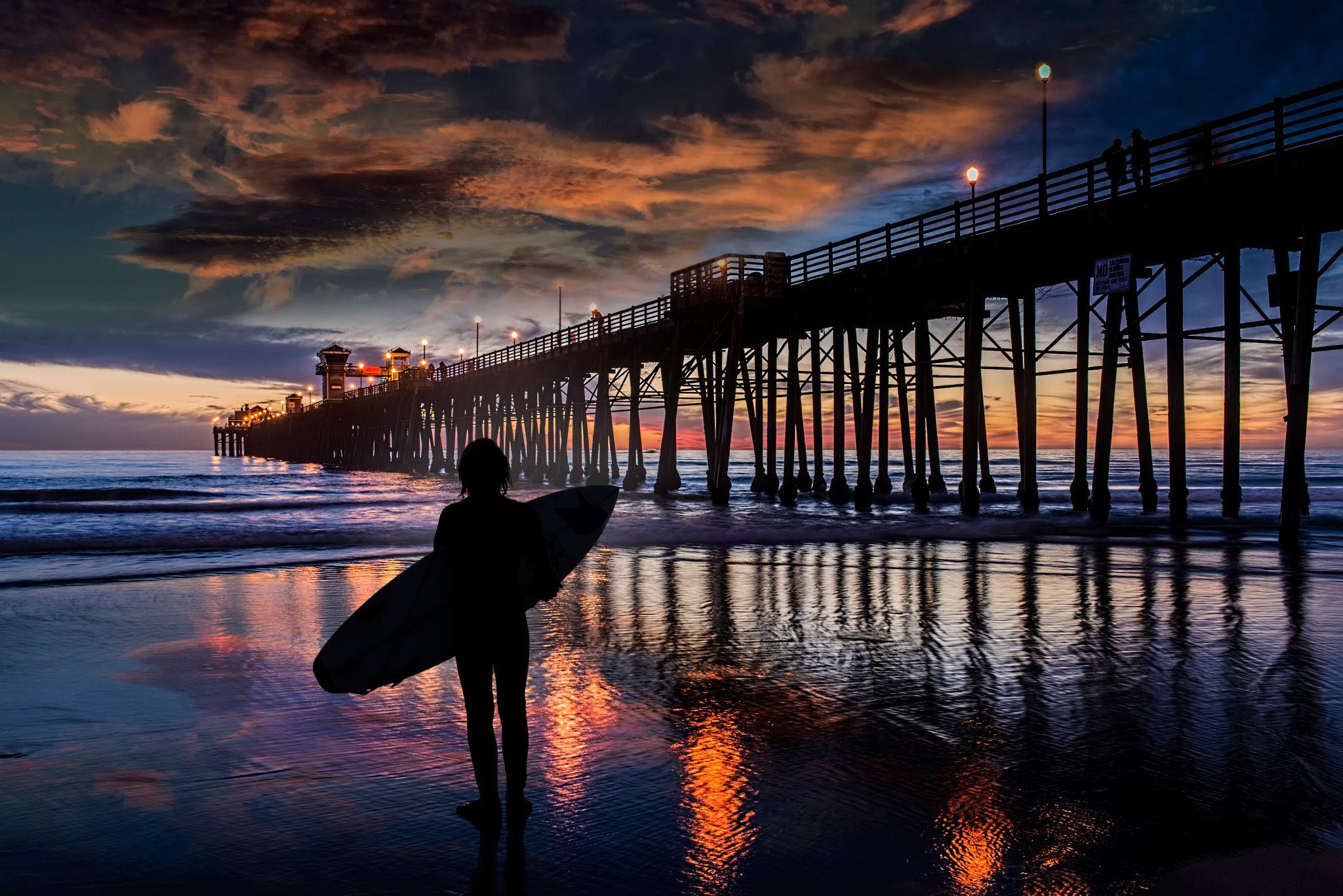 2048x1367 sunset, pier, sky, splendor, surf, nature, clouds, beach, surfing wallpaper