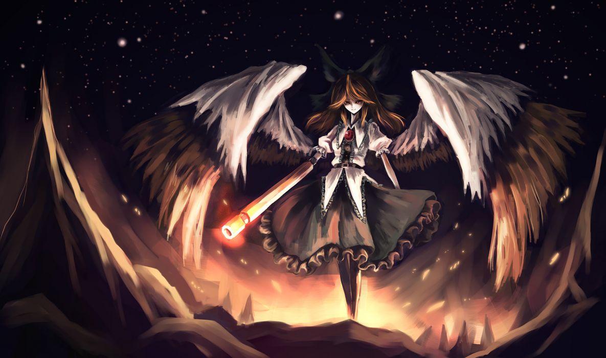 1185x700 Light brunettes video games Touhou wings dark night stars skirts rocks long hair belts weapons glowing