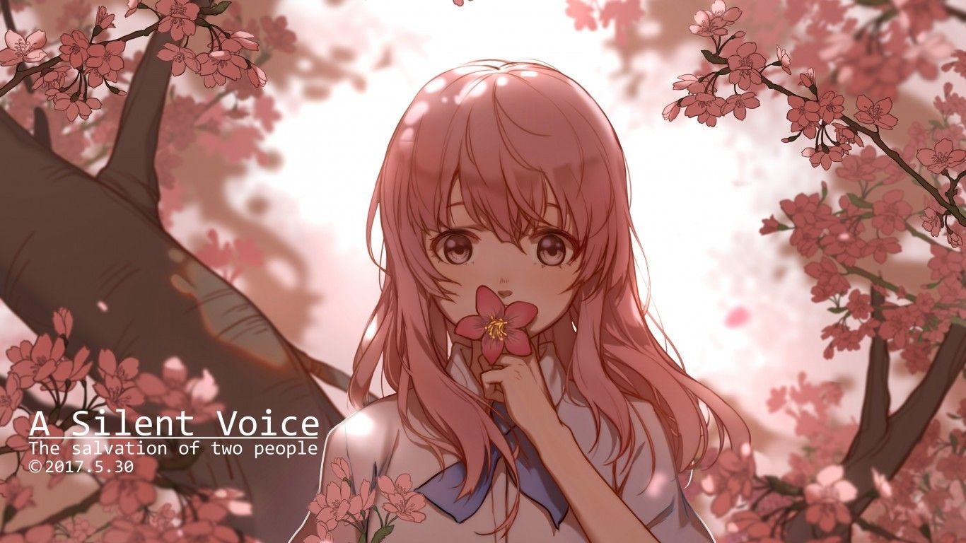 1366x768 Download 1366x768 Nishimiya Shouko, Koe No Katachi, Cherry Blossom, Pink Hair Wallpaper for Laptop, Notebook