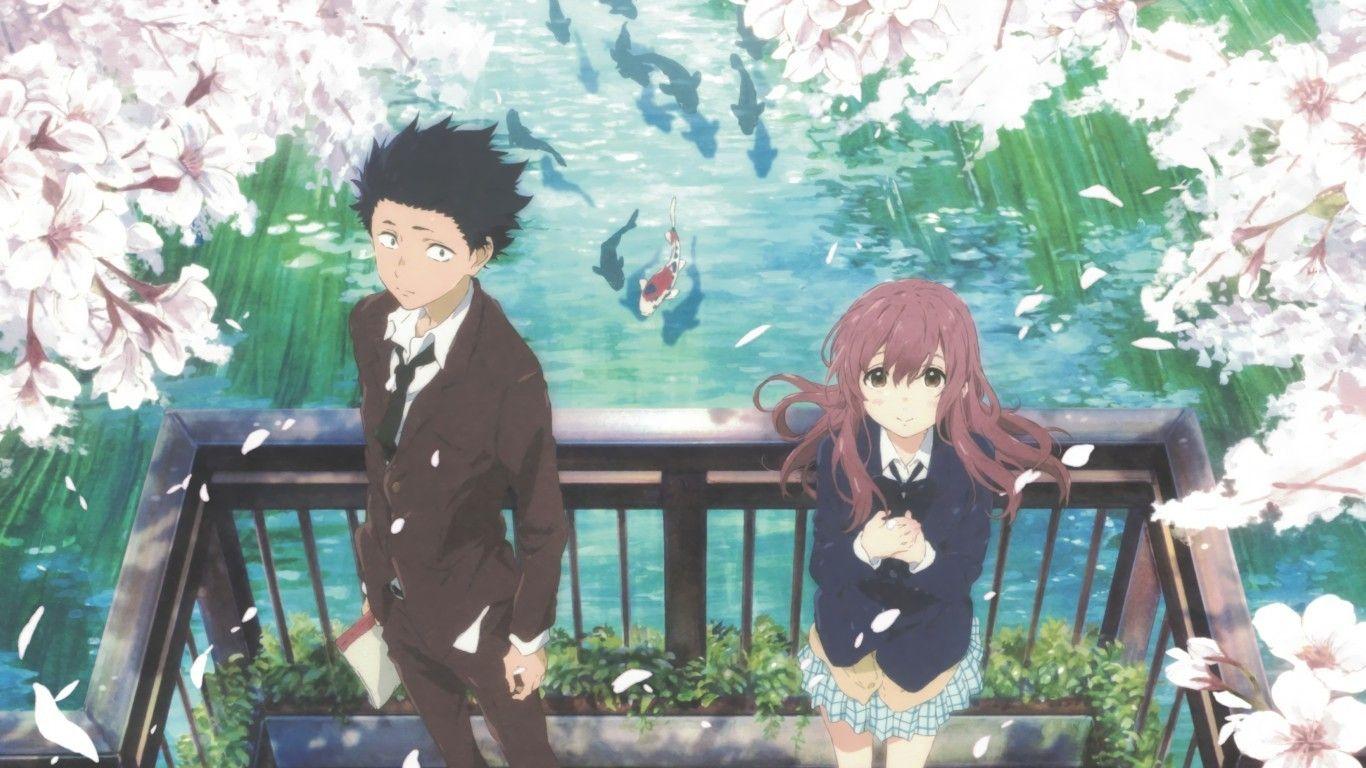 1366x768 Download 1366x768 Koe No Katachi, Ishida Shouya, Nishimiya Shouko, Cherry Blossom, River Wallpaper for Laptop, Notebook