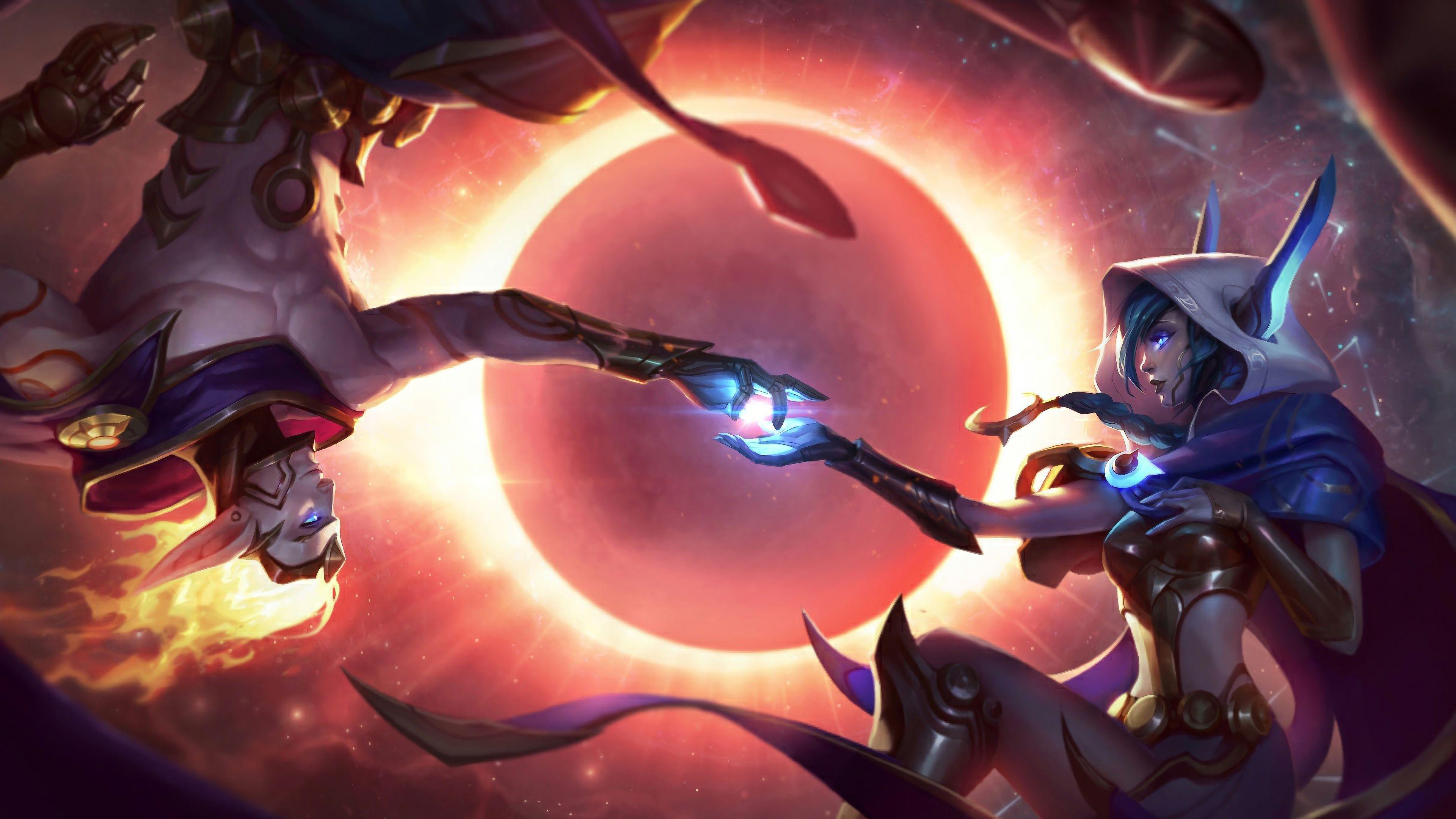3840x2160 Wallpaper 4k Cosmic Dusk Xayah and Cosmic Dawn Rakan LoL Splash Art League of Legends Cosmic of Legends, league of legends, Rakan, Xayah