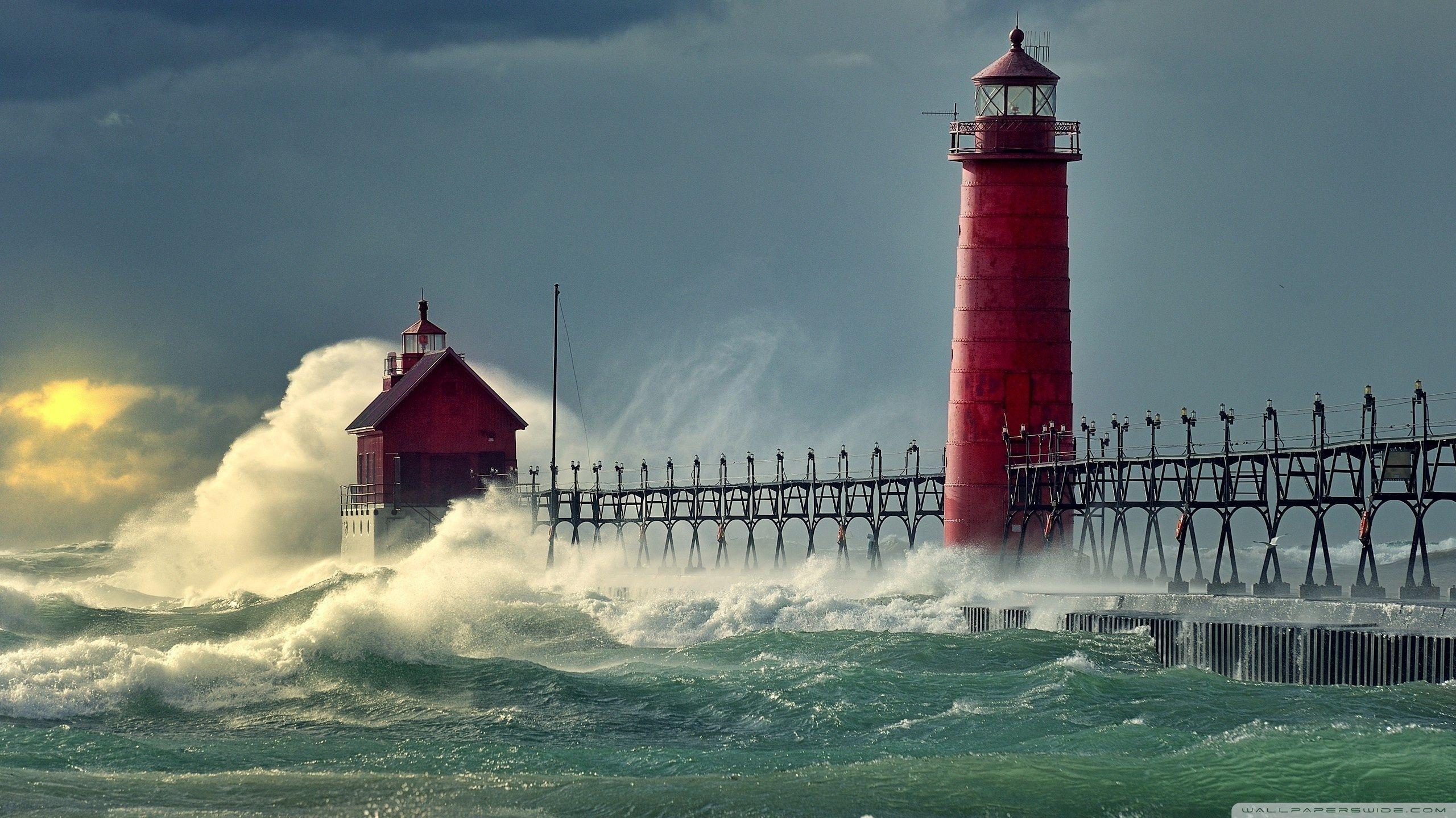 2560x1440 Lighthouse Stormy Sea Ultra HD Desktop Background Wallpaper for 4K UHD TV : Tablet