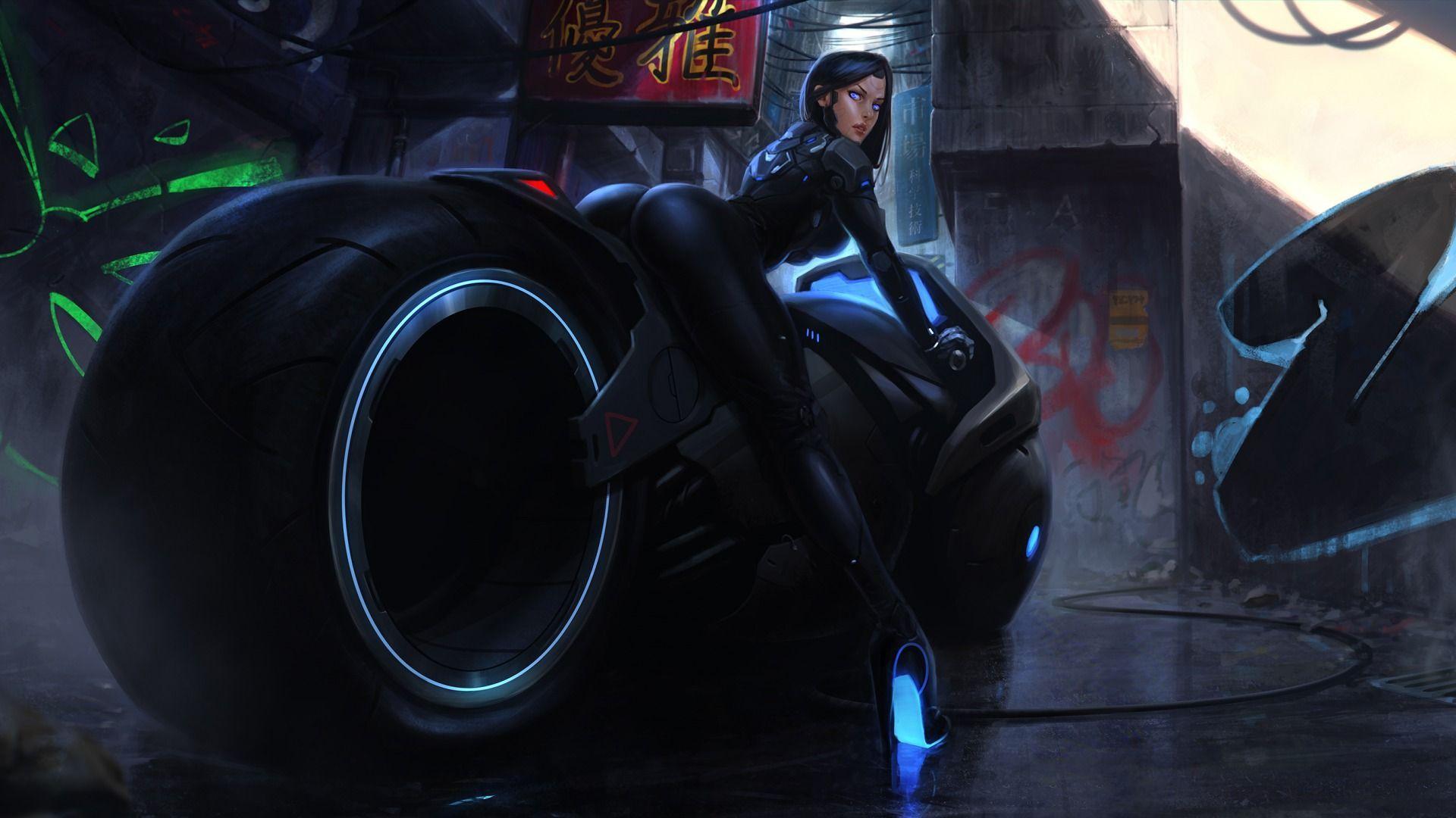 1920x1080 Download wallpaper girl, art, fantasy, cyberbike, bike, cyberpunk, motorcycle, cyborg, fantasy resolution 1920x1080. Cyberpunk art, Cyberpunk, Cyber
