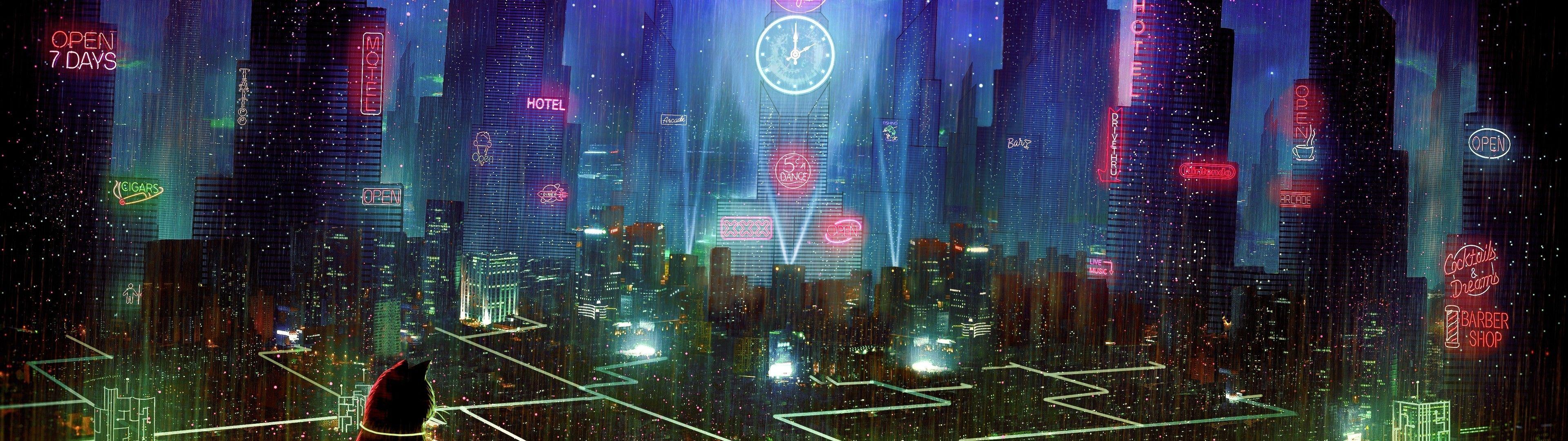 3840x1080 Download 3840x1080 Cyberpunk City, Neon, Cat, Hotel, Raining, Towers, Skyscrapers Wallpaper