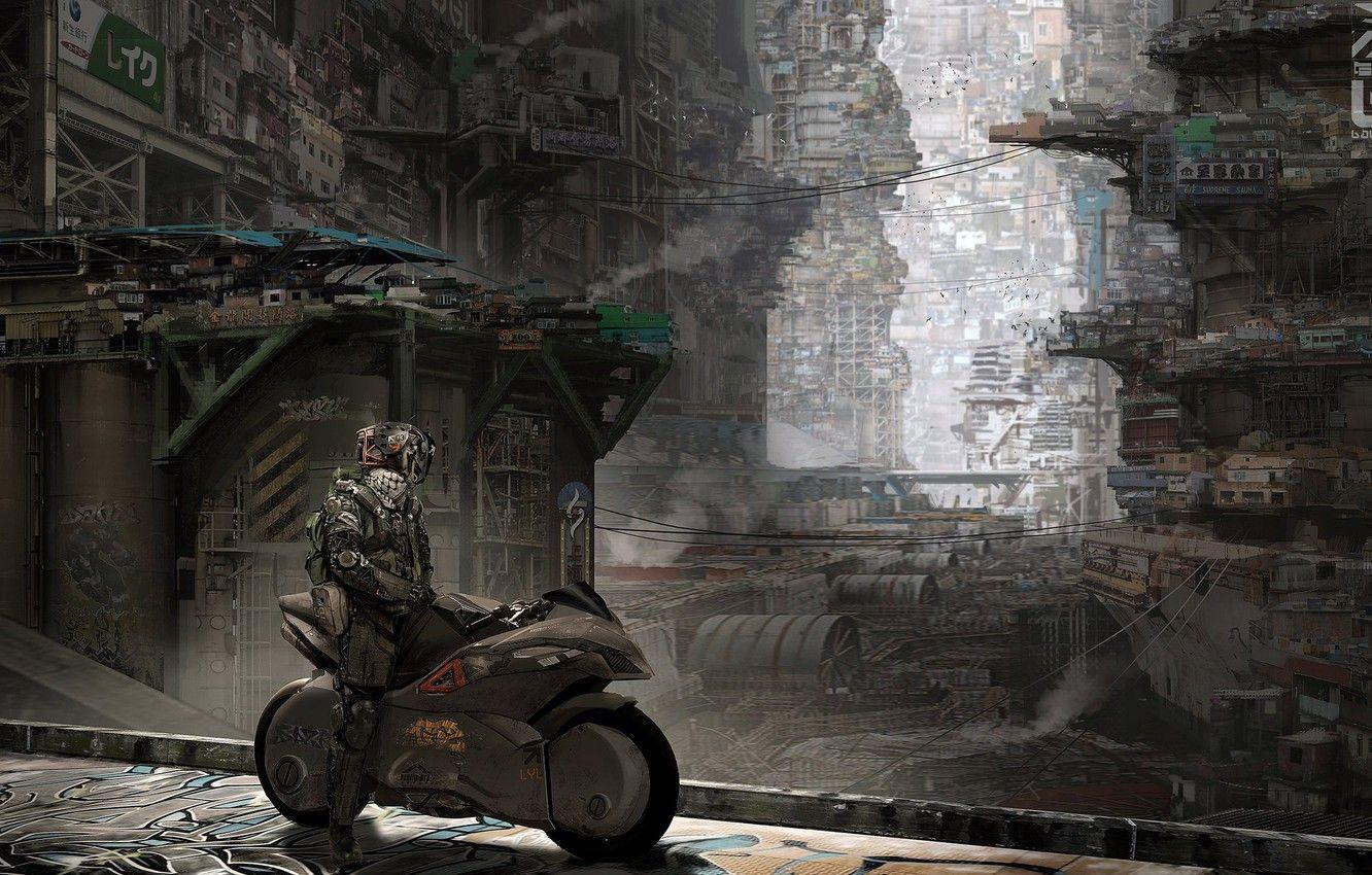 1332x850 Wallpaper the city, fiction, robot, motorcycle, bike, cyborg, cyberpunk, slums image for desktop, section фантастика